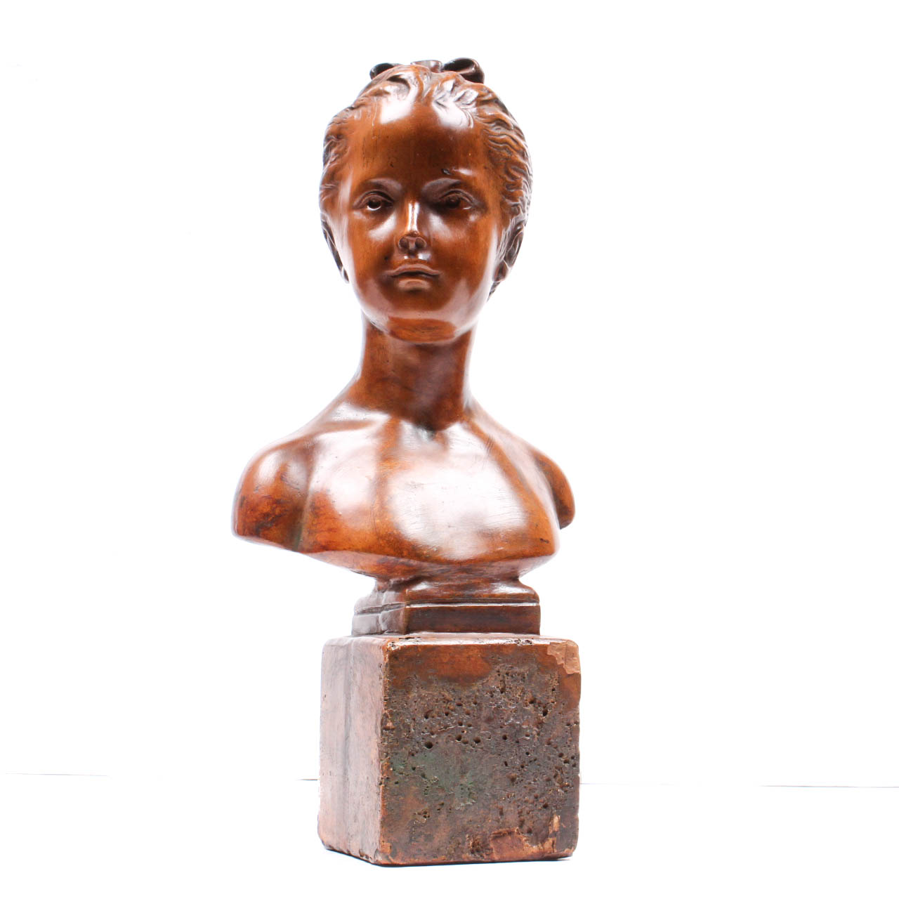 Hand Carved Wooden Bust of Young Girl