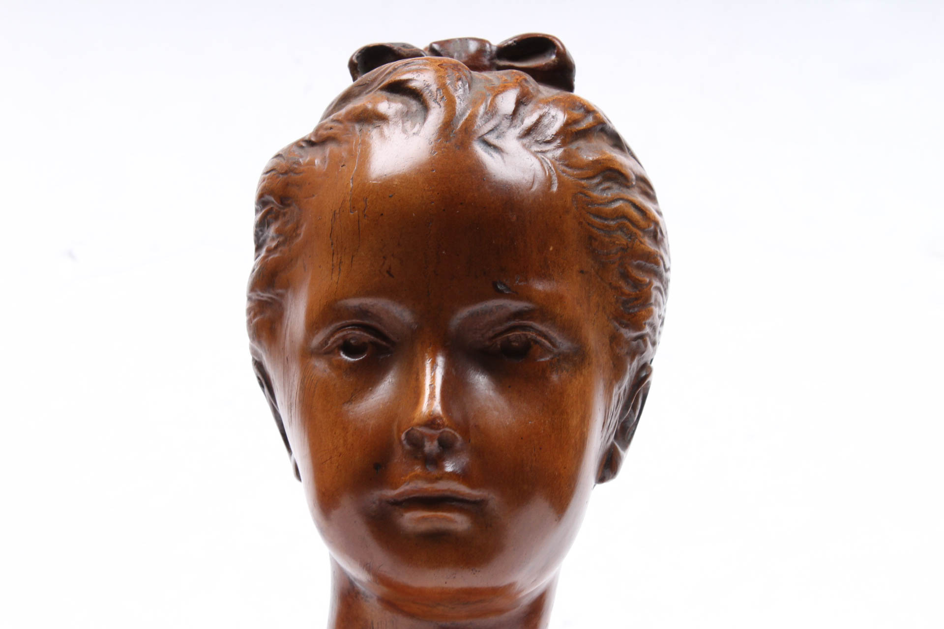 Hand Carved Wooden Bust of Young Girl