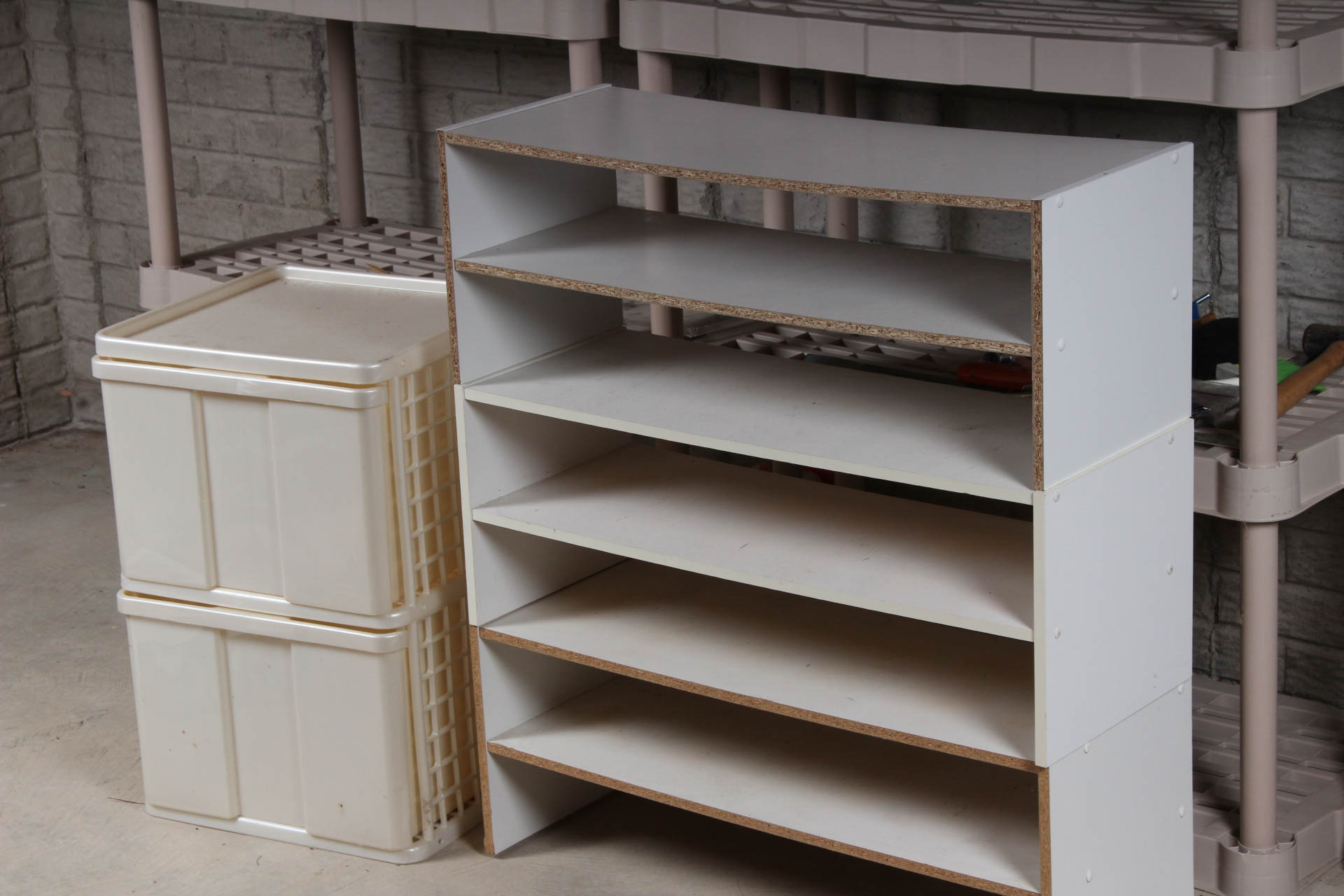 Plastic and Composite Wood Storage Shelves and Containers