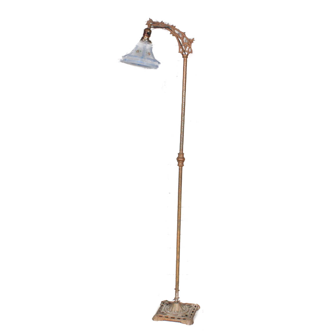 Art Nouveau Solid Brass Floor Lamp with Painted Glass Shade