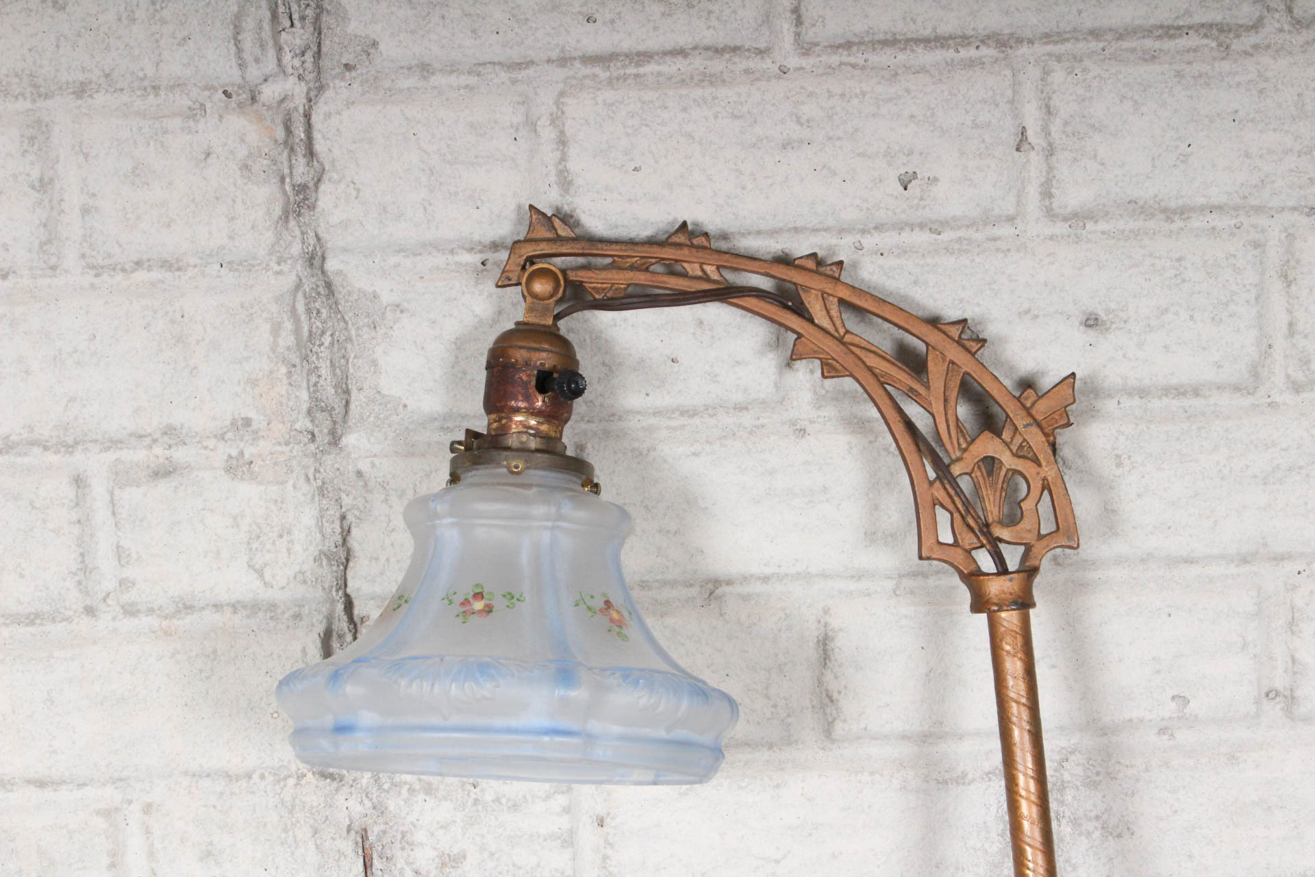 Art Nouveau Solid Brass Floor Lamp with Painted Glass Shade