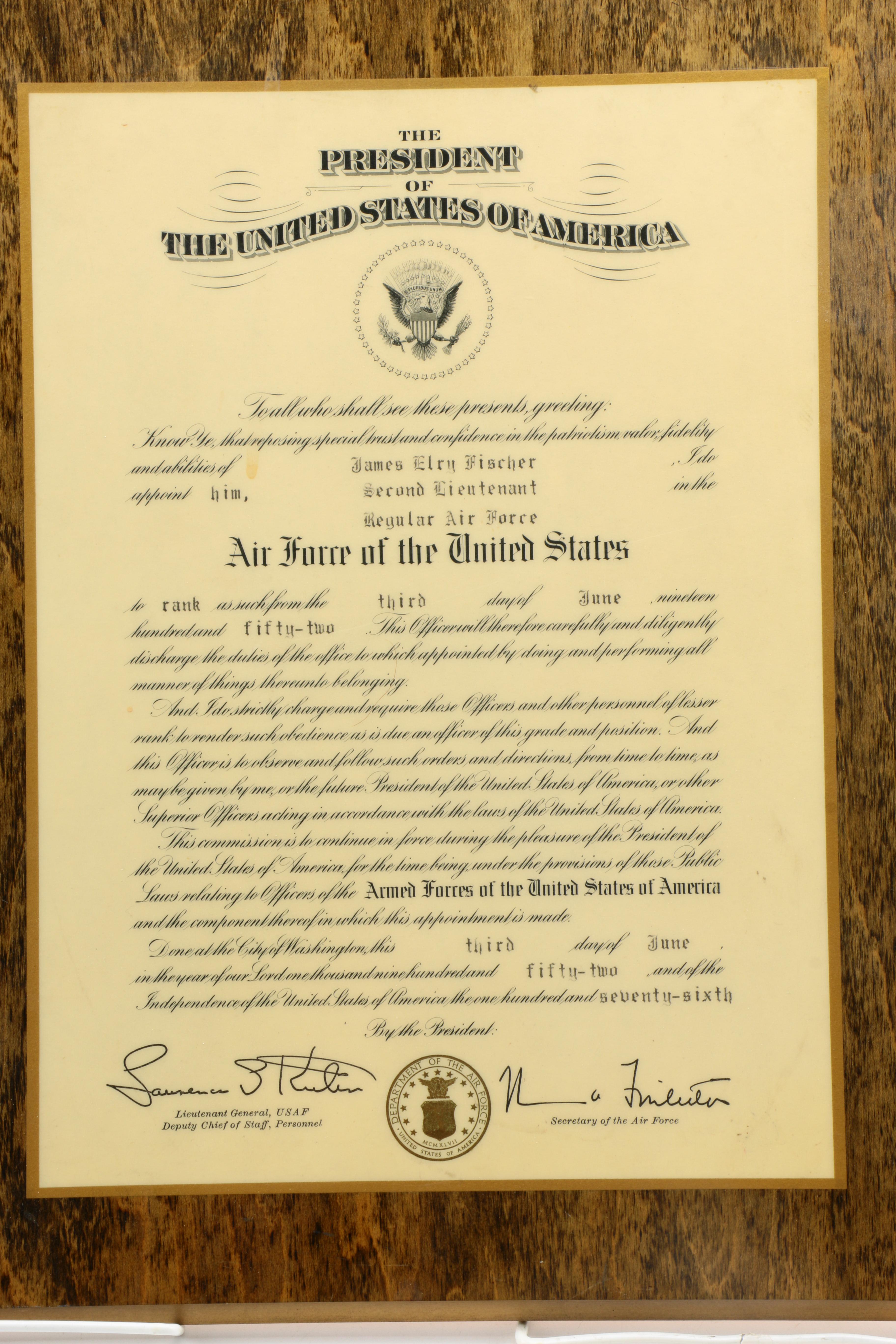 1952 Air Force Rank Promotion Certificate