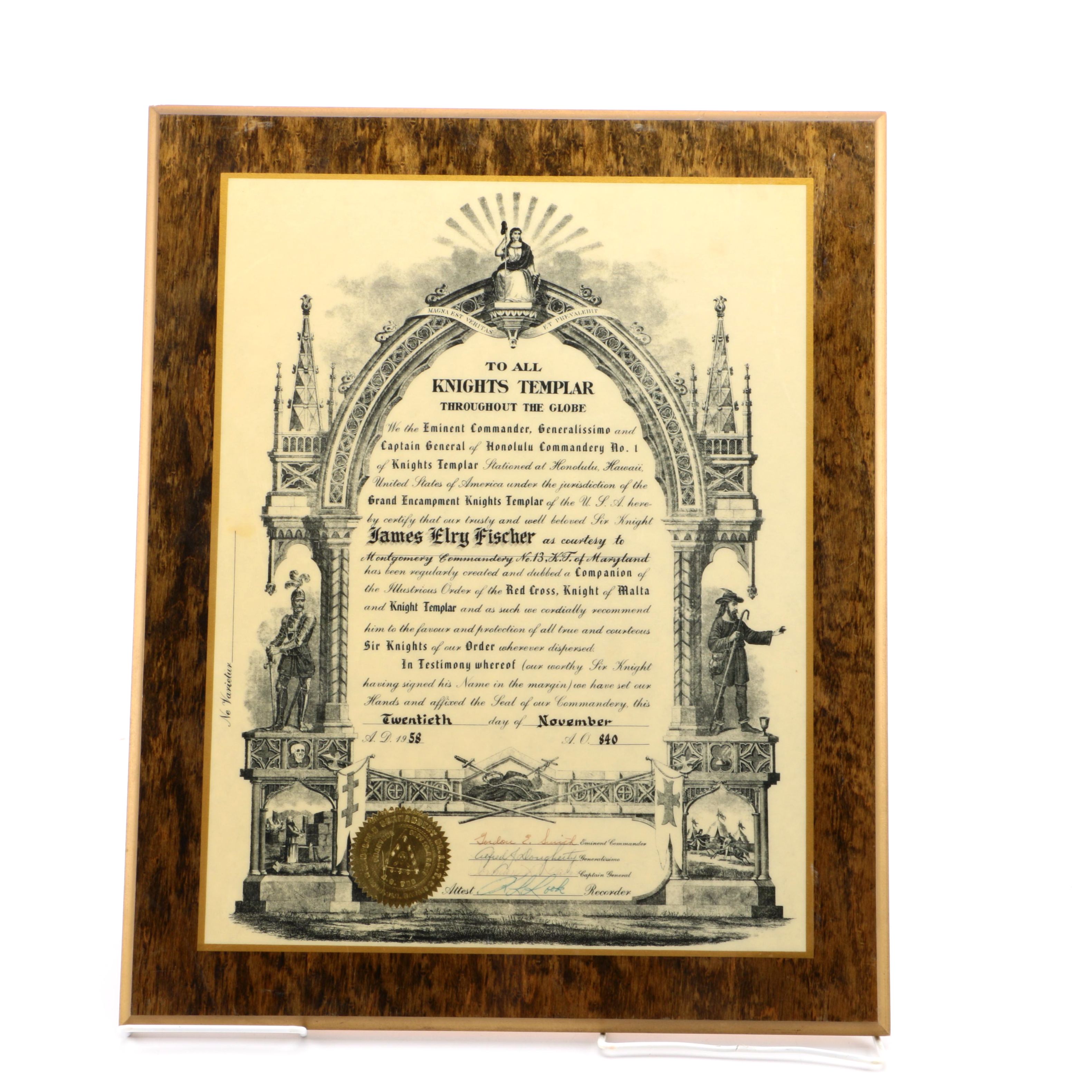 Framed 1958 Knights Templar Membership Certificate
