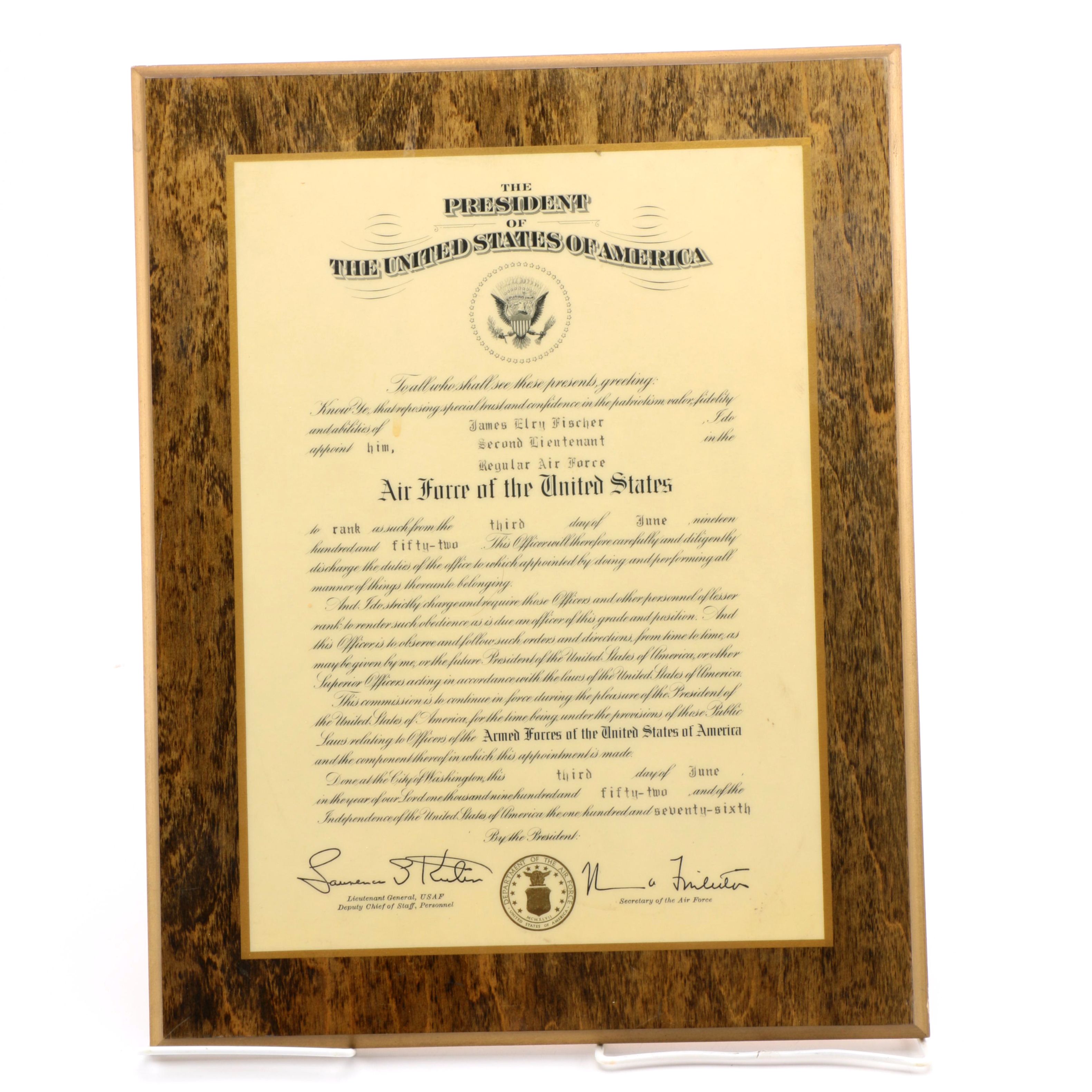 1952 Air Force Rank Promotion Certificate