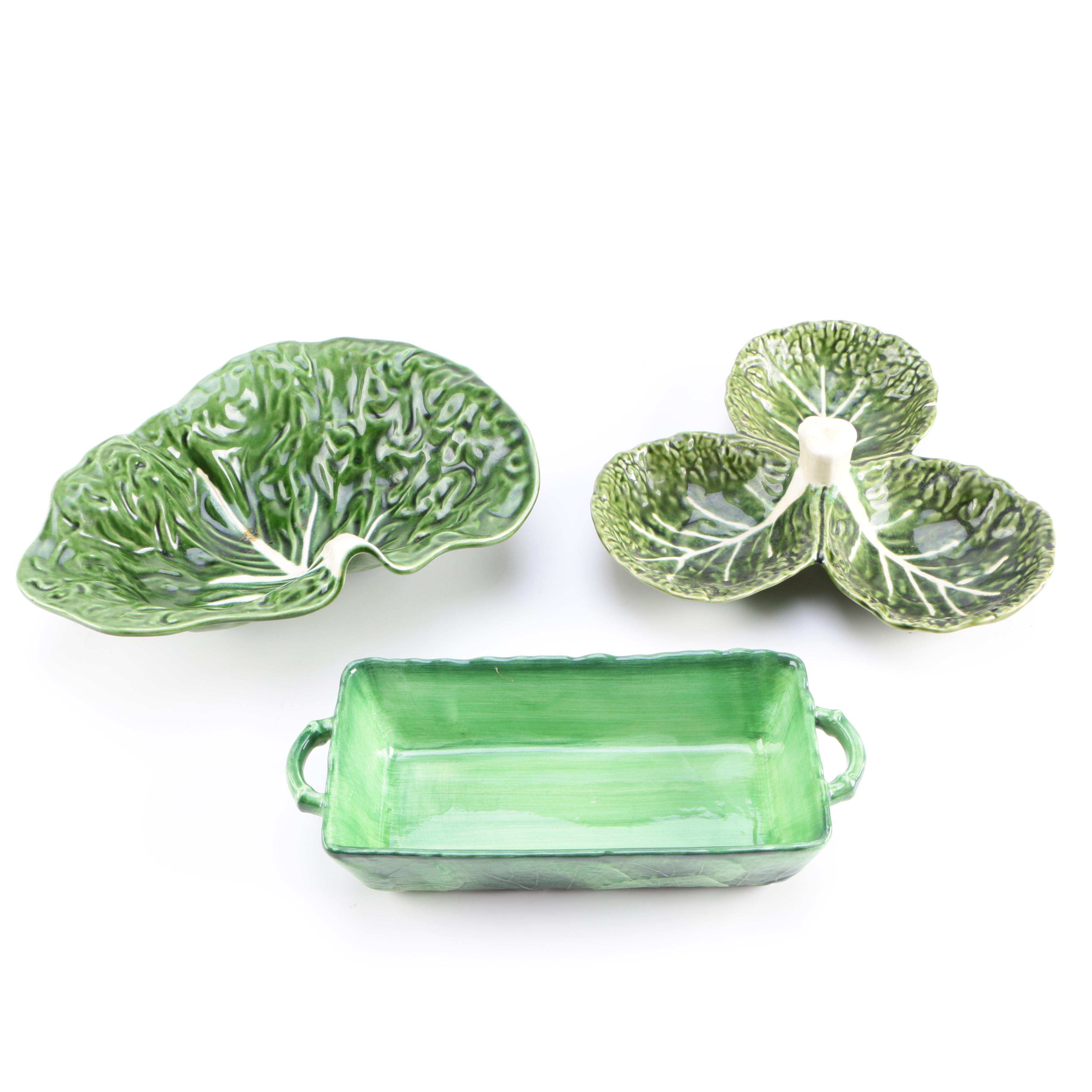 Green Ceramic Cabbage Leaf Dishes Including Vietri From Italy