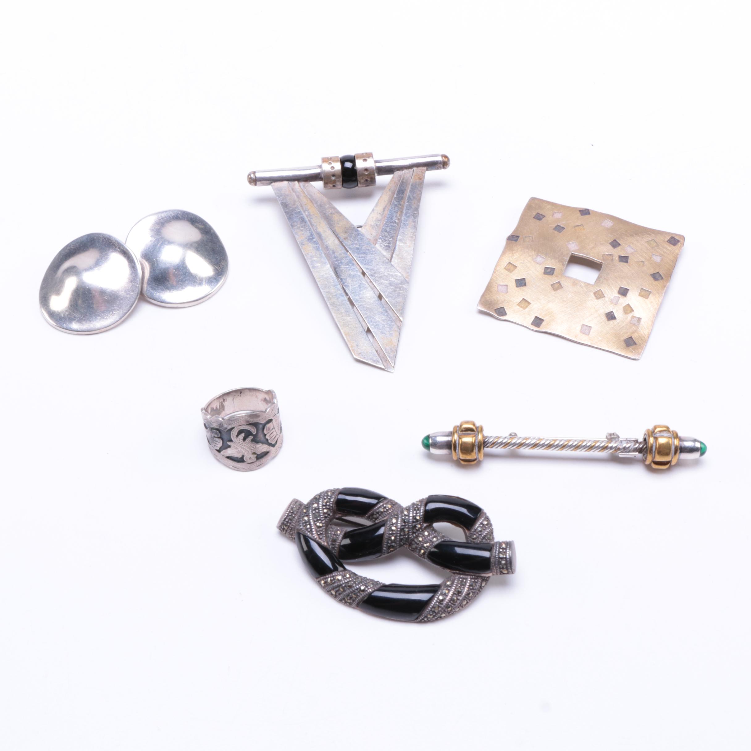 Jan Suchodolski Modernist Brooch and Assorted Sterling Jewelry