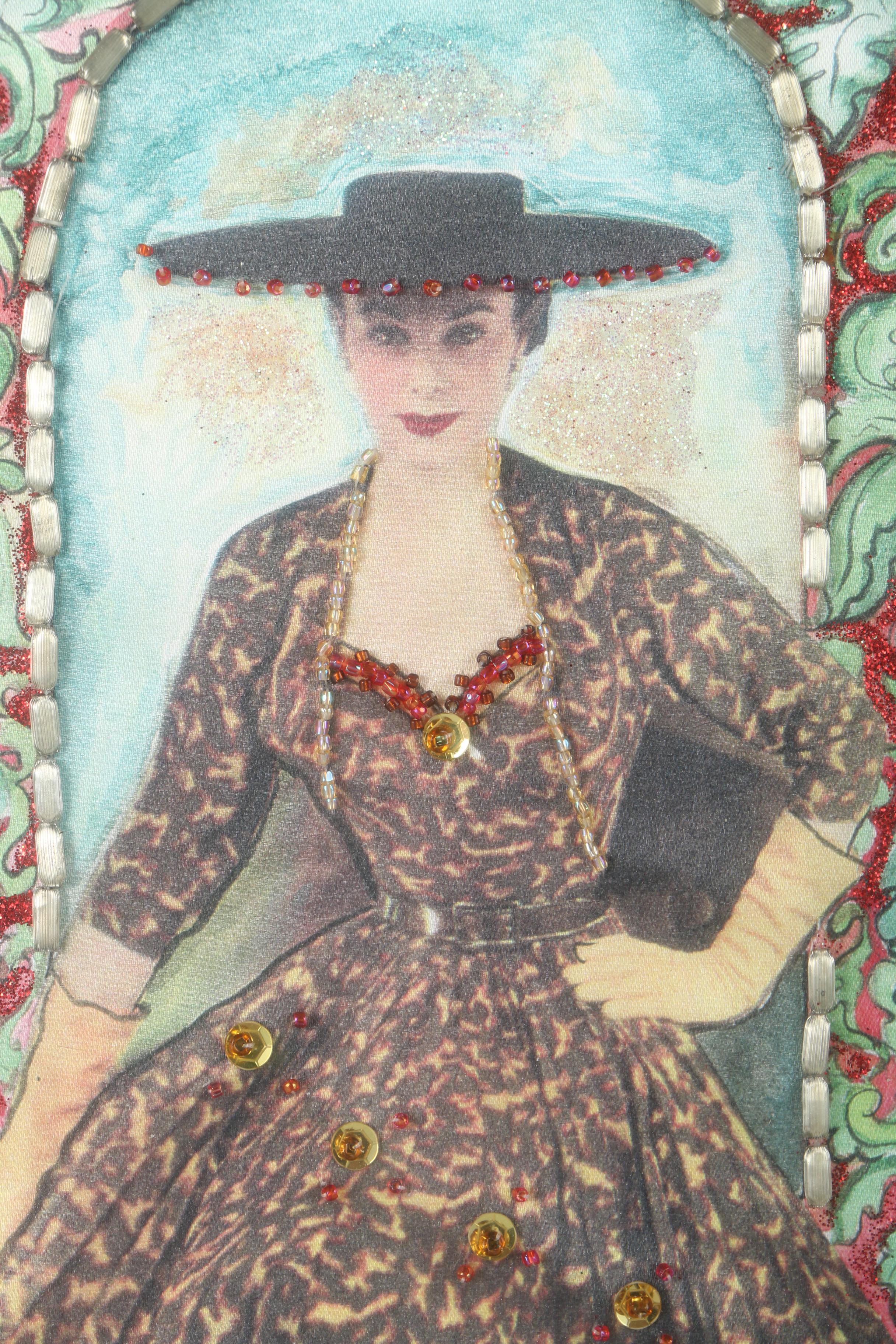 Mixed Media Collaged Portrait on Silk "Miss Dramatic"