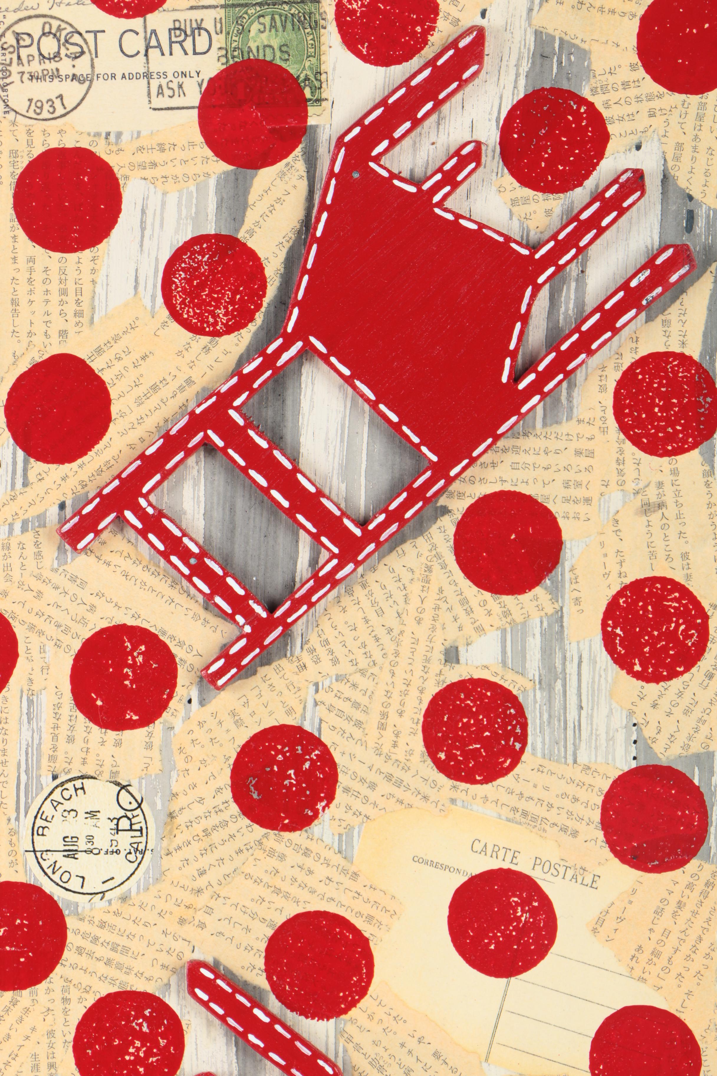 Martha Lent Mixed Media Collage on Wood of Red Chairs