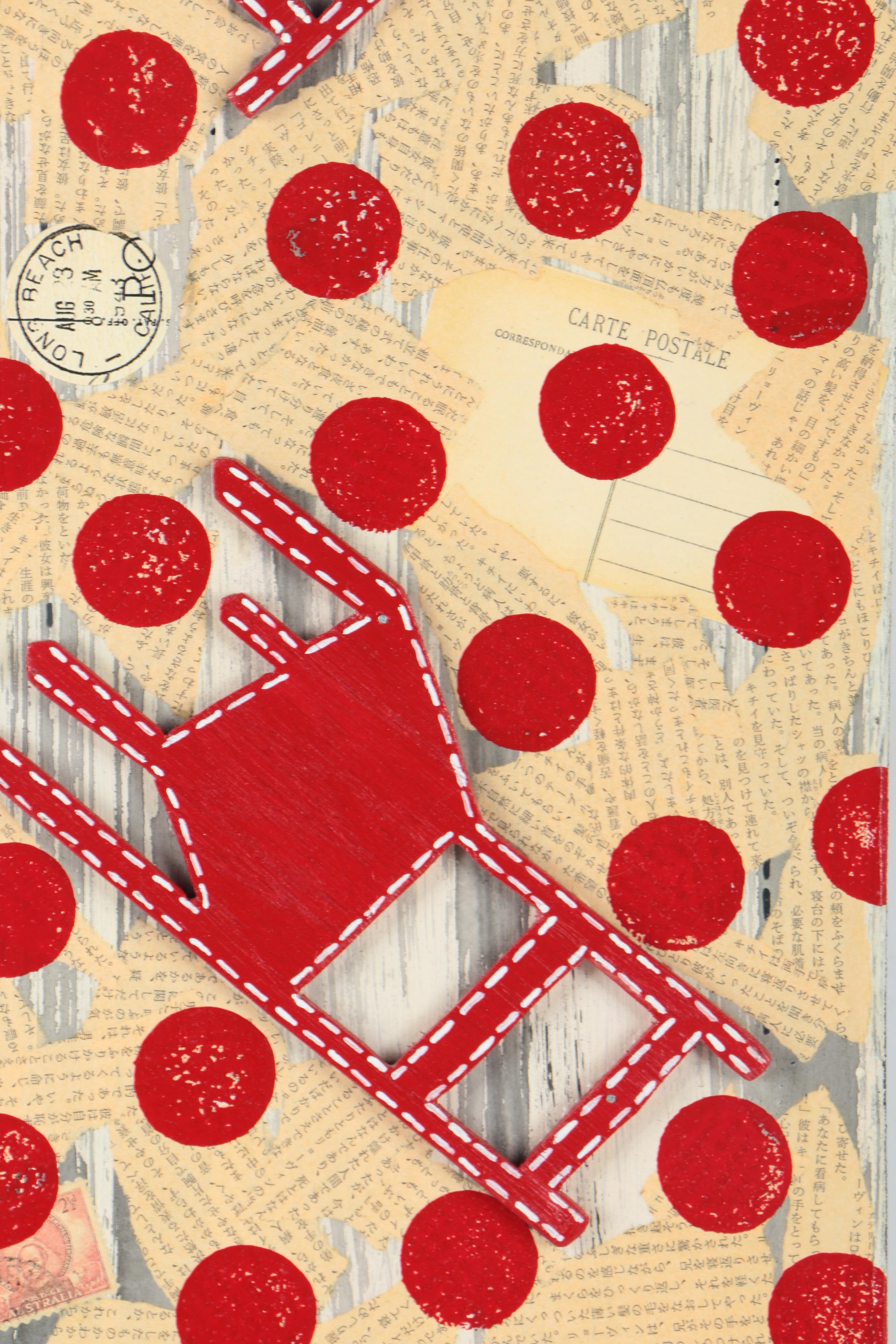 Martha Lent Mixed Media Collage on Wood of Red Chairs