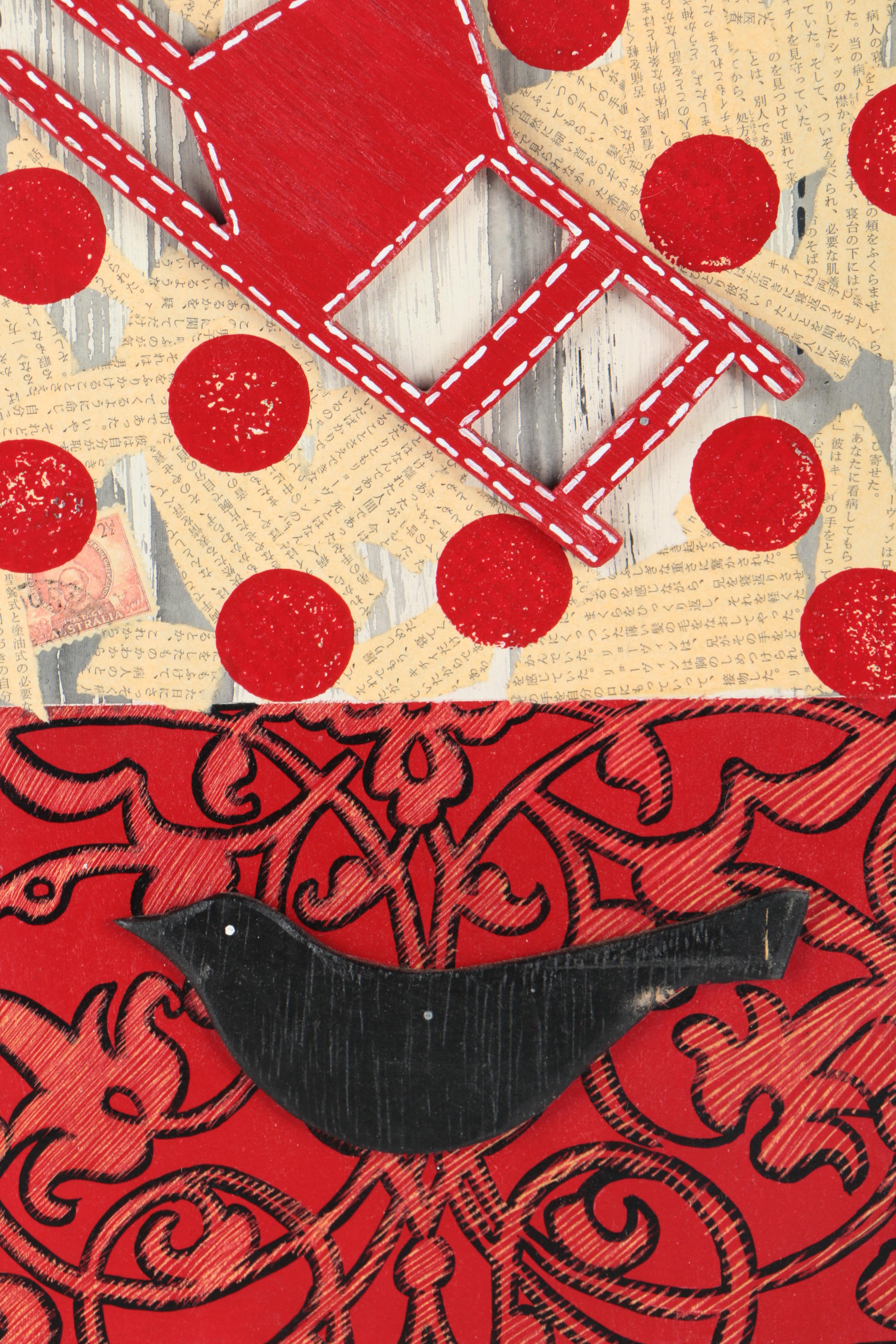 Martha Lent Mixed Media Collage on Wood of Red Chairs