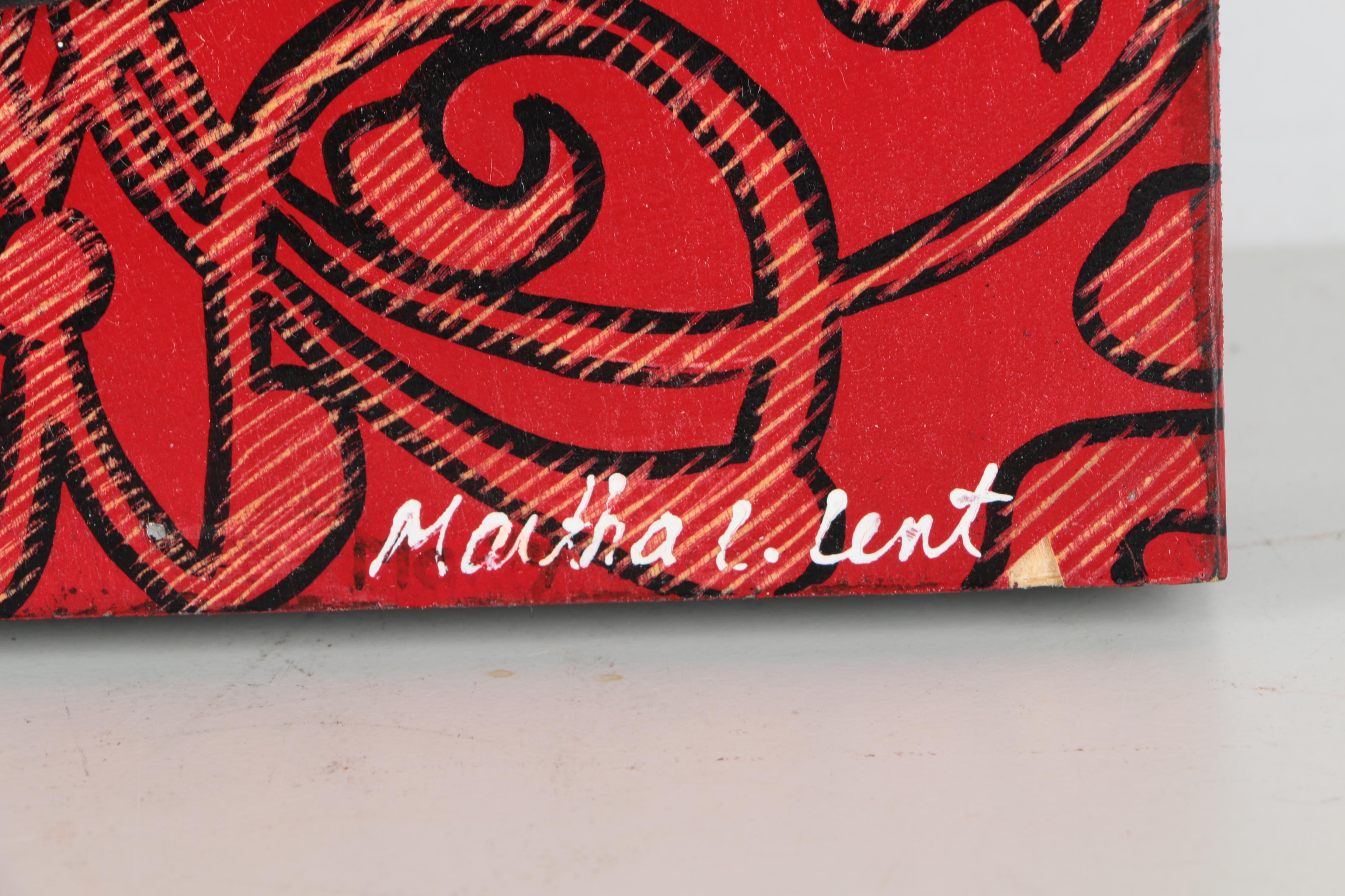 Martha Lent Mixed Media Collage on Wood of Red Chairs