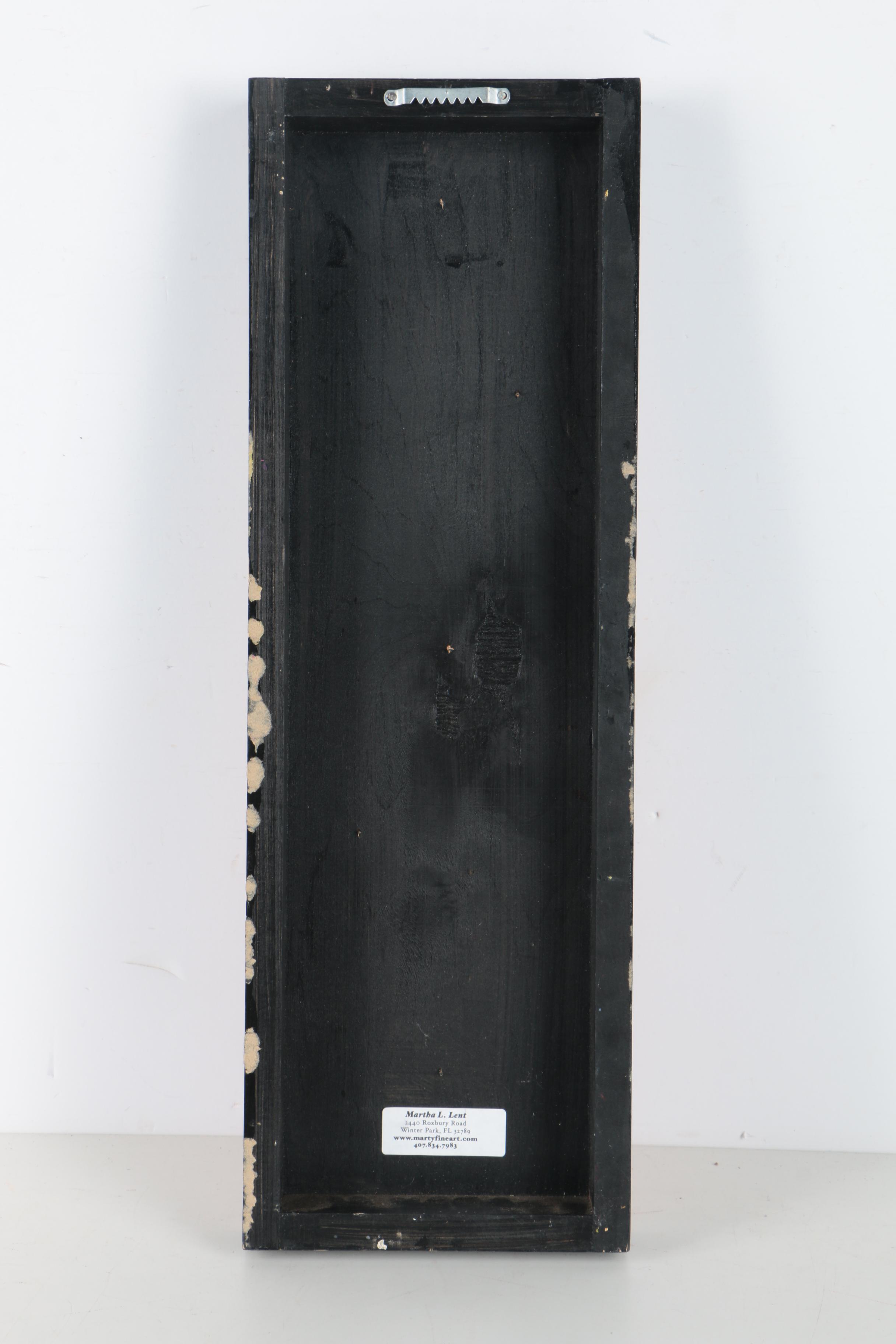 Martha Lent Mixed Media Collage on Wood of Red Chairs