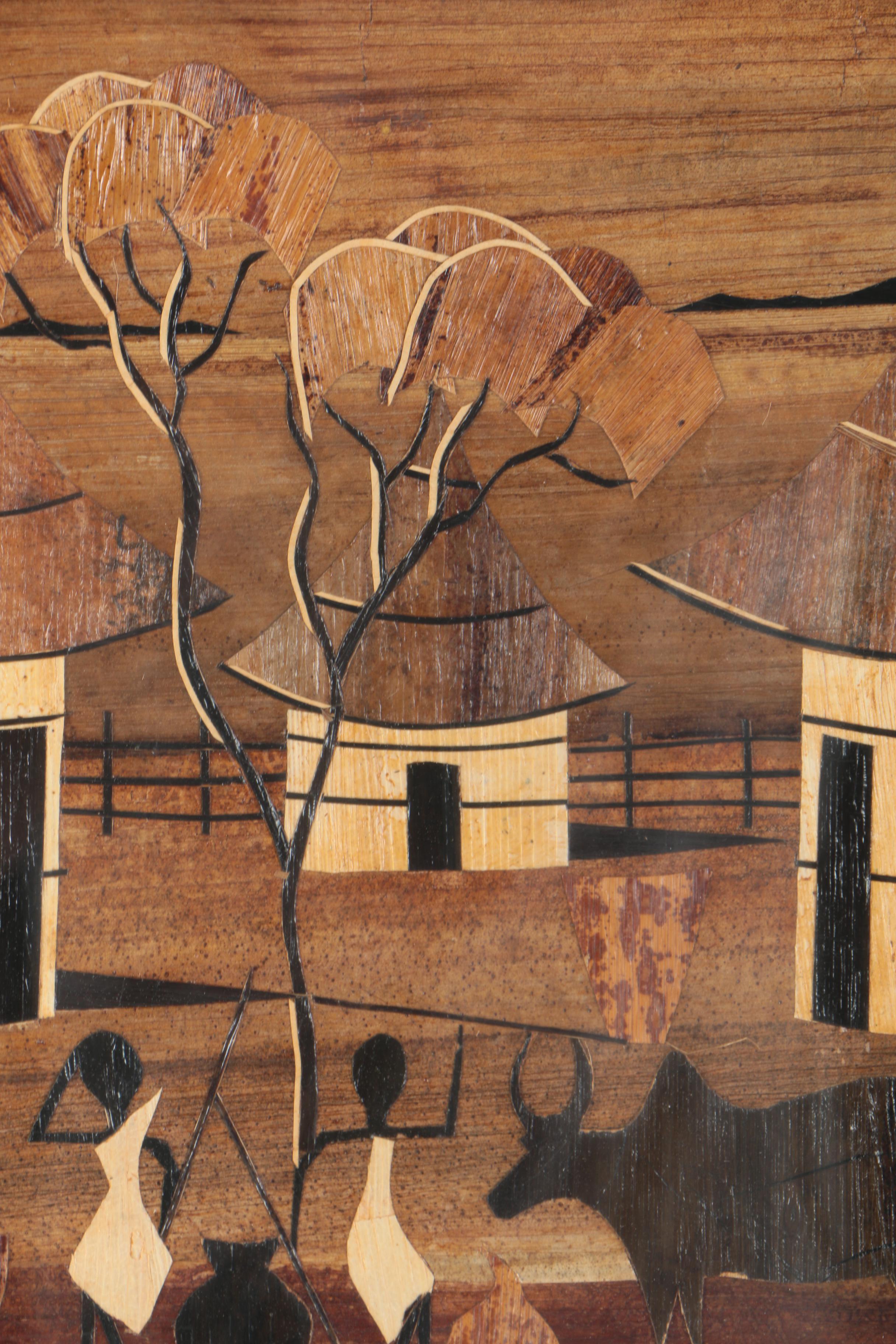 African Bark Collage of Village Scene