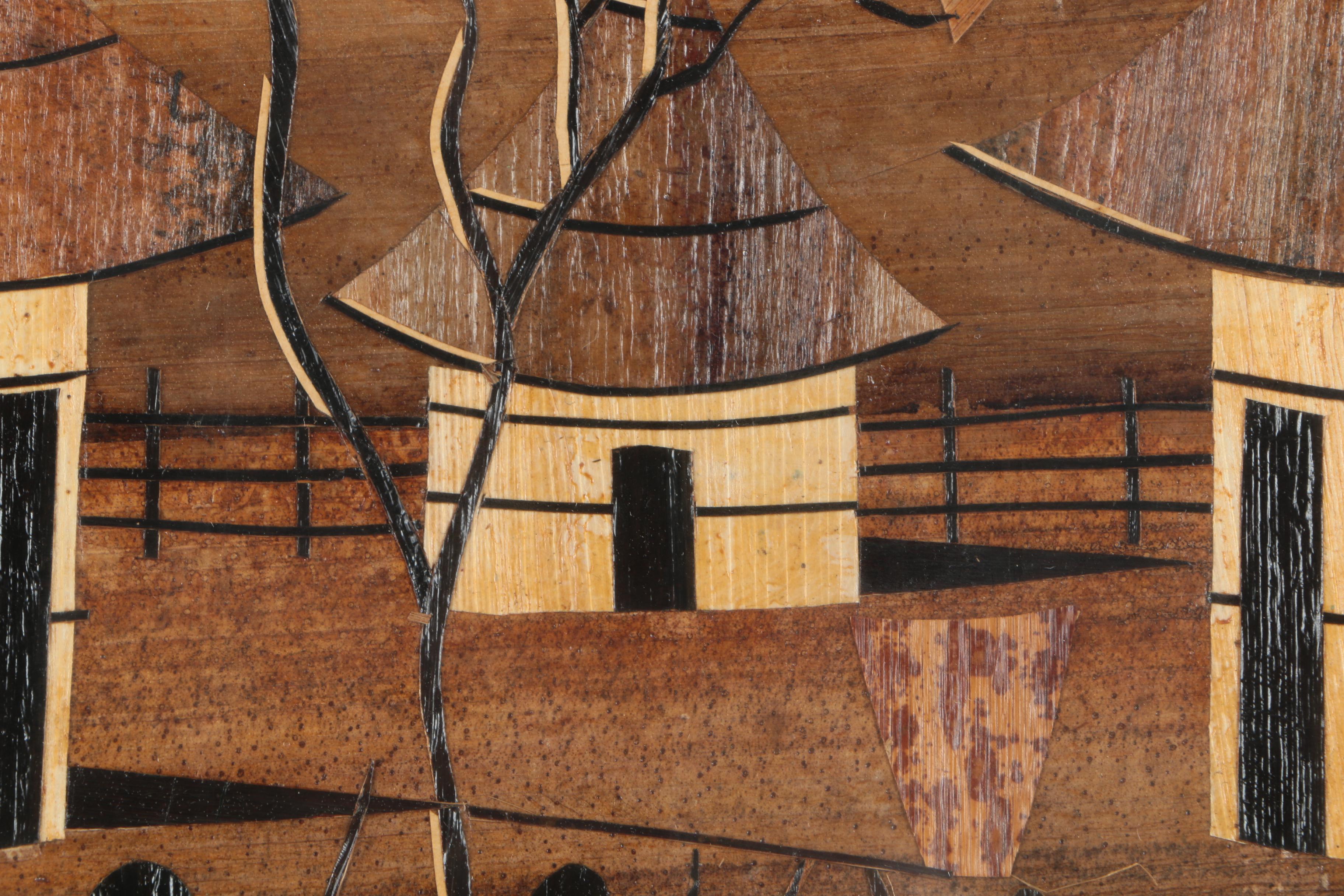 African Bark Collage of Village Scene