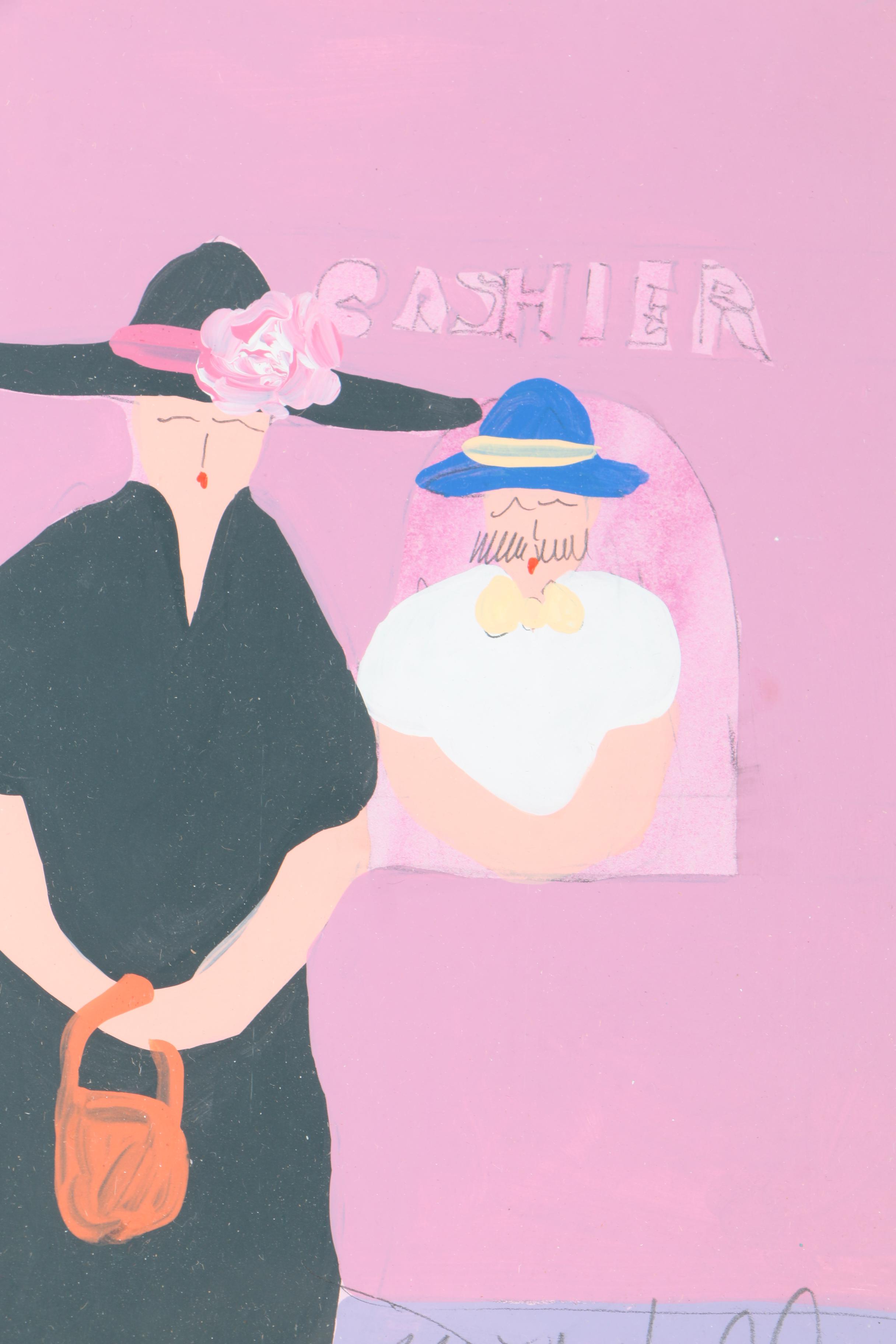 Jim N. Hill Painting Gouache on Paperboard "Cashier"