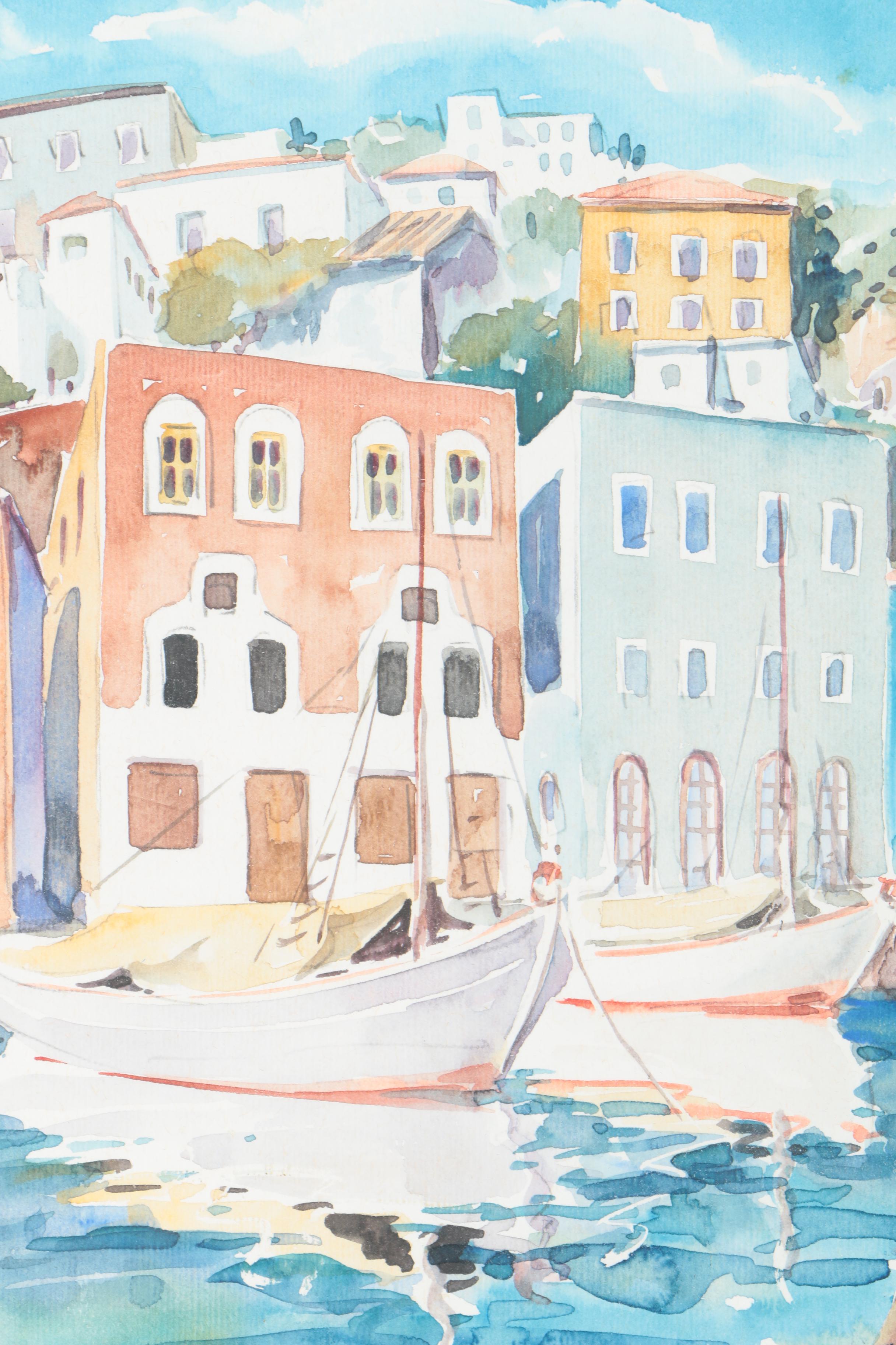Watercolor Painting of Boats Before a Hillside Town