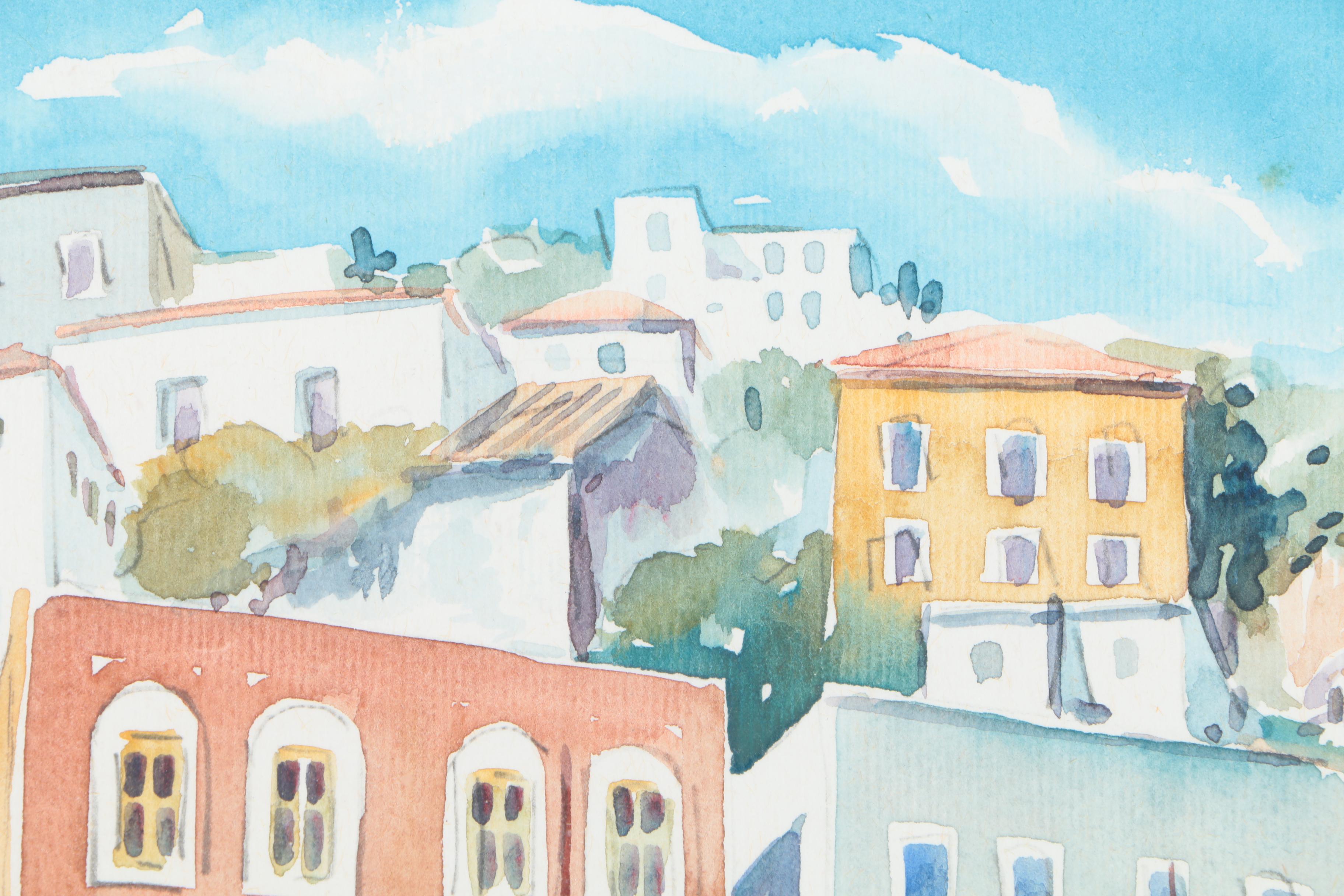 Watercolor Painting of Boats Before a Hillside Town