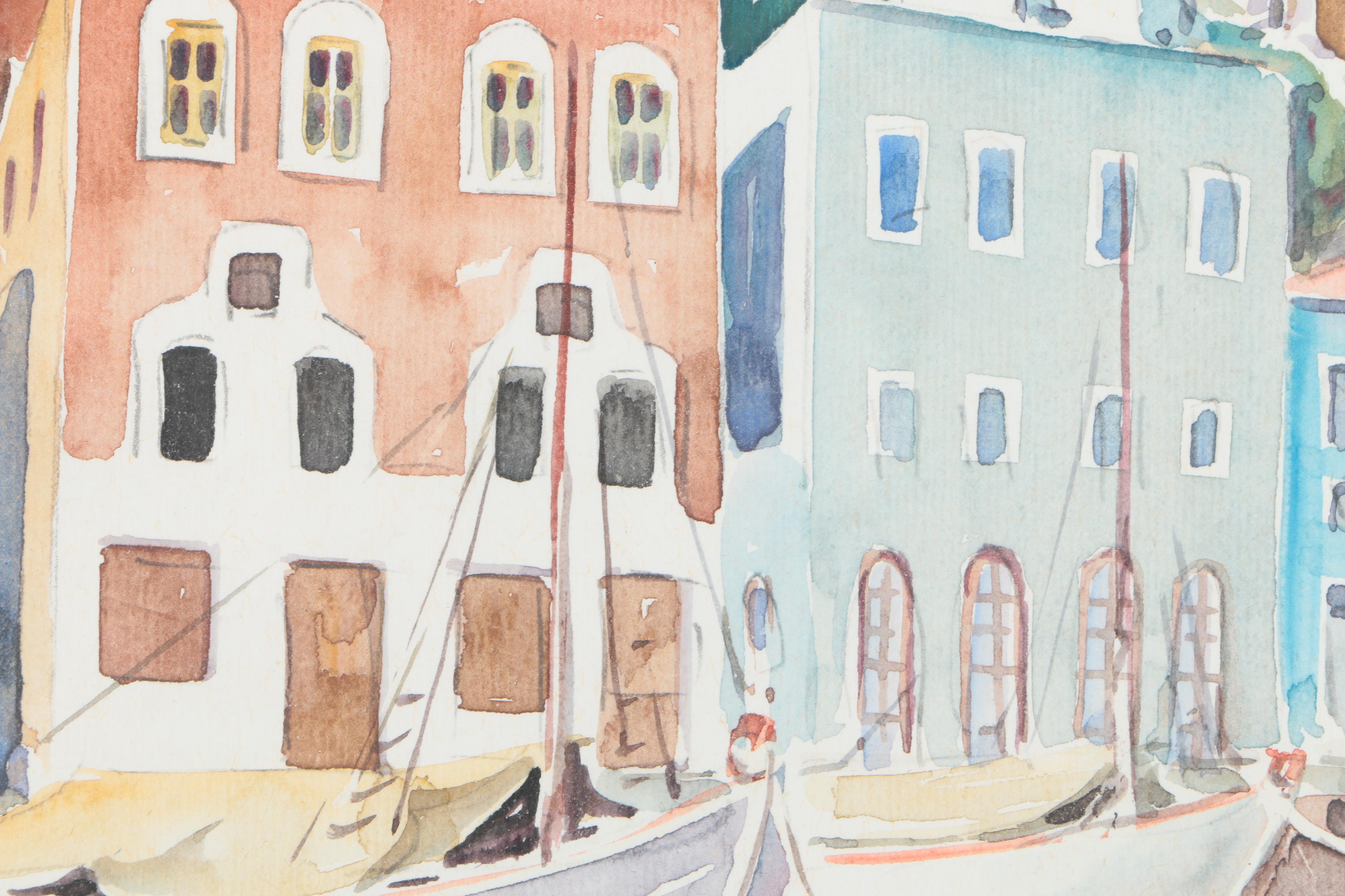 Watercolor Painting of Boats Before a Hillside Town