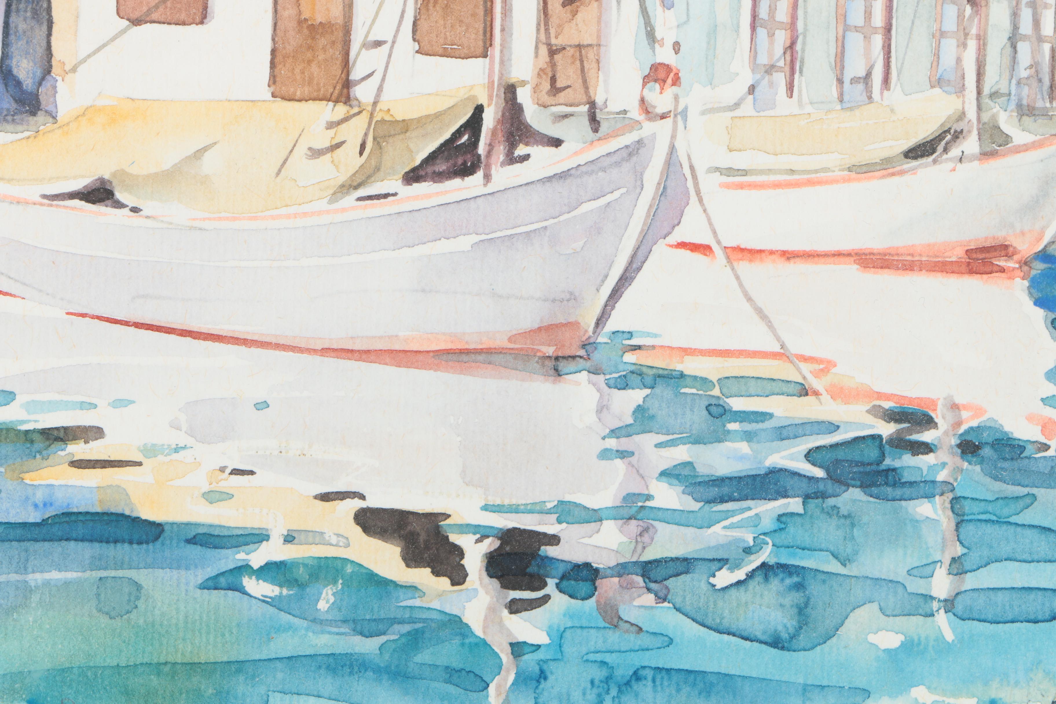 Watercolor Painting of Boats Before a Hillside Town