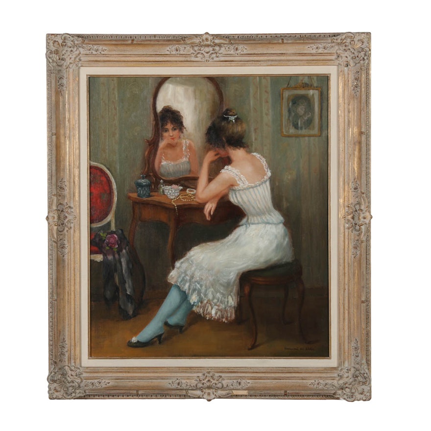 Annemarie Van Wolde Oil Painting on Canvas "Lady Before Mirror"