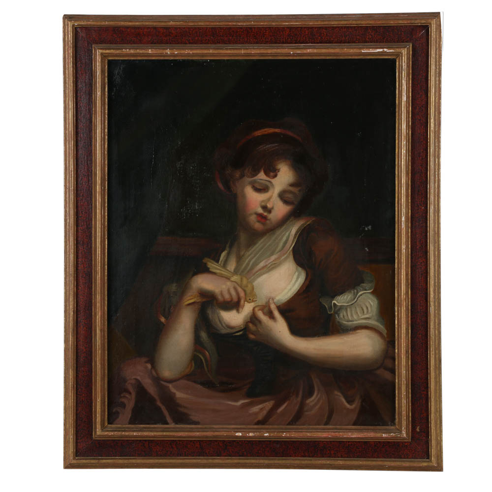 Oil Painting on Canvas of a Girl and Bird
