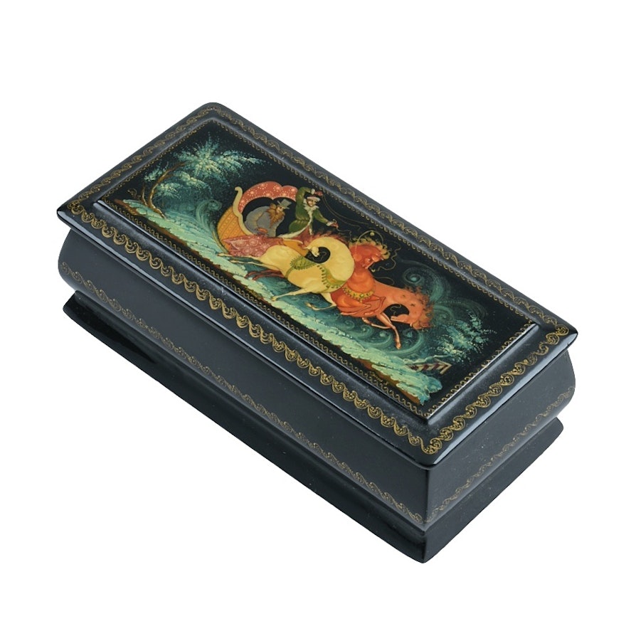 Late 20th Century Russian Palekh Lacquer Box Two Men in a Sleigh