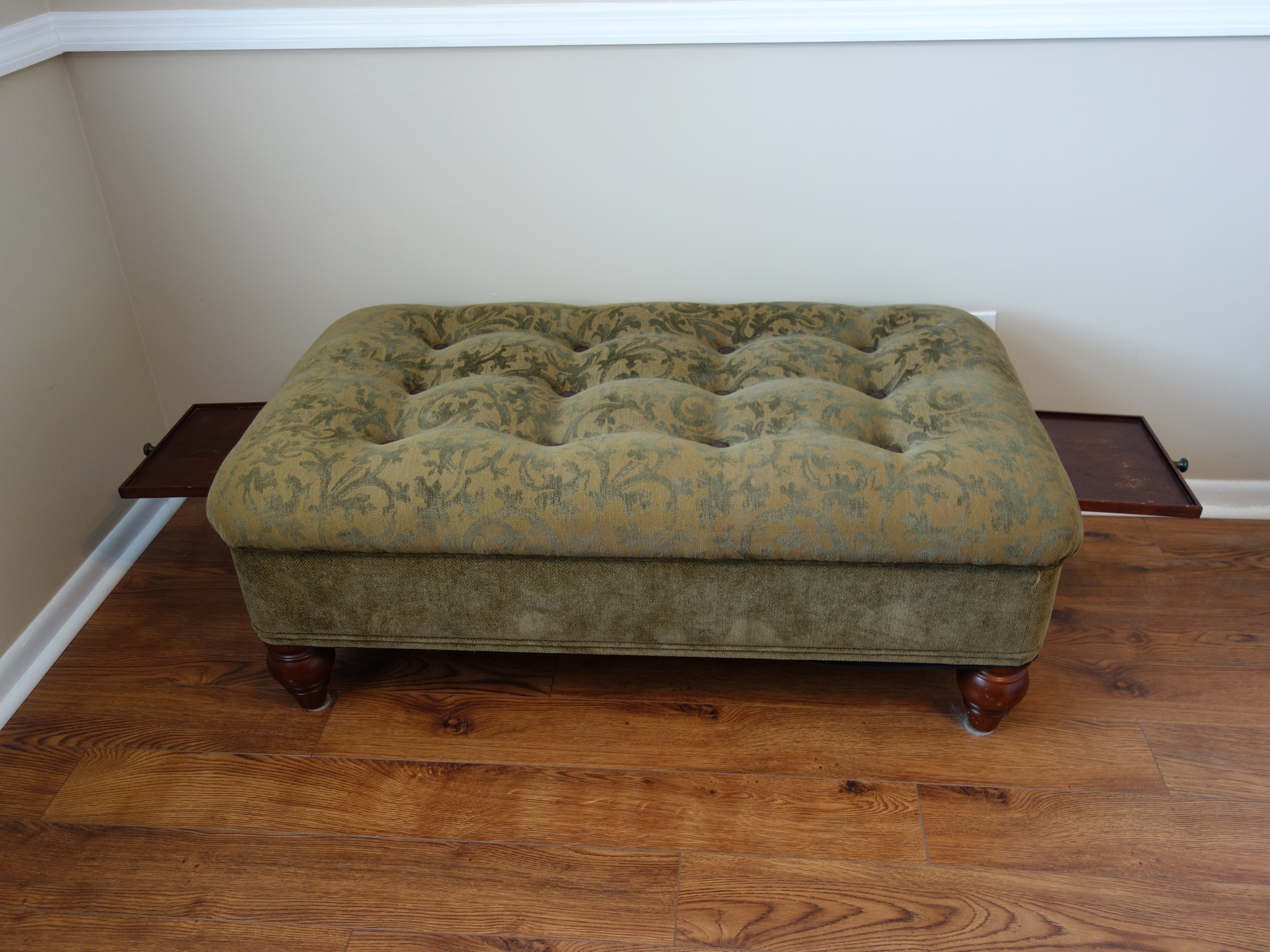 Contemporary Button-Tufted Ottoman With Pull-Out Trays