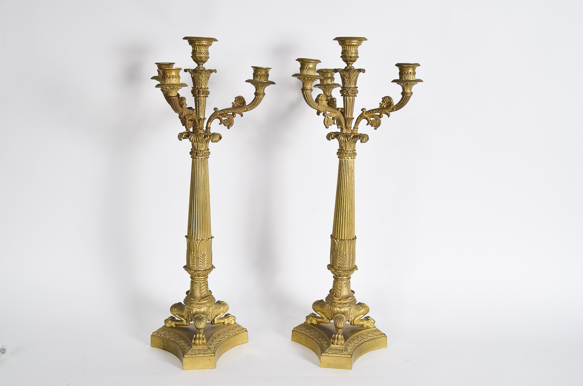 Pair of Antique Gilt Bronze Empire Style Bronze Candelabras