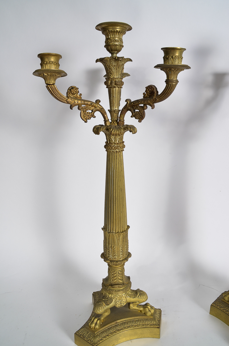 Pair of Antique Gilt Bronze Empire Style Bronze Candelabras
