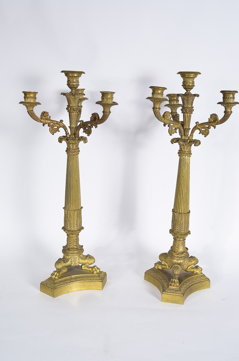 Pair of Antique Gilt Bronze Empire Style Bronze Candelabras