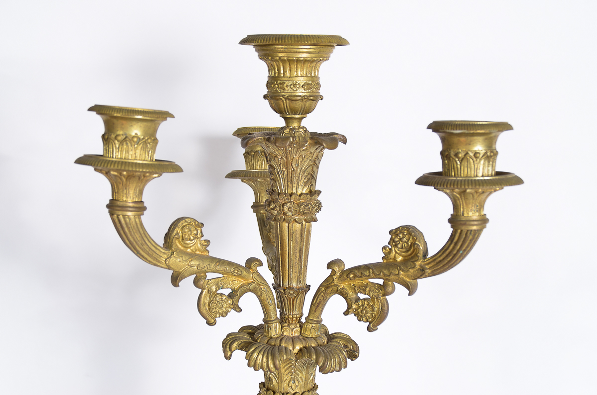 Pair of Antique Gilt Bronze Empire Style Bronze Candelabras