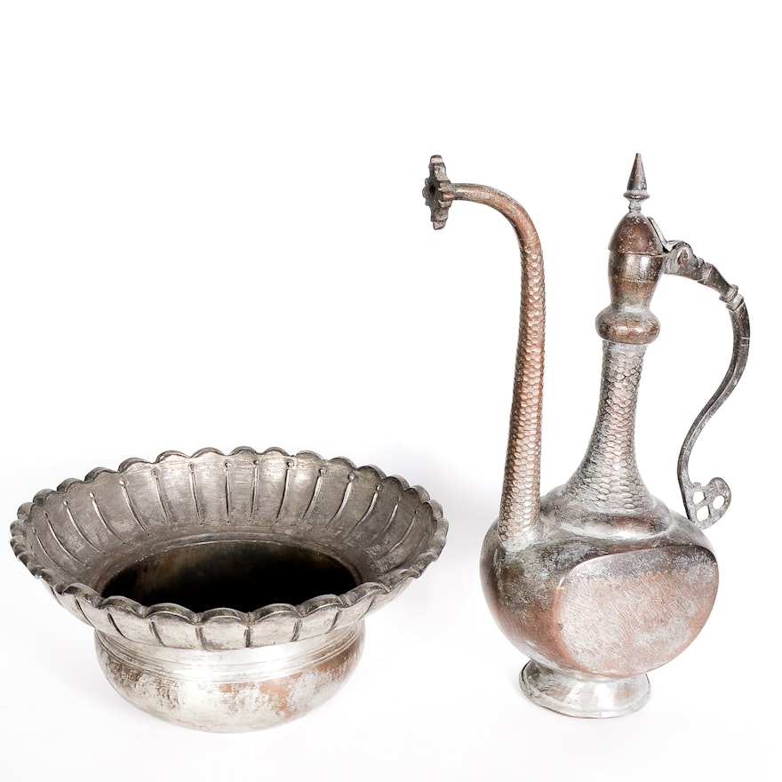 Antique Bronze Iranian Hammered Ewer and Bowl