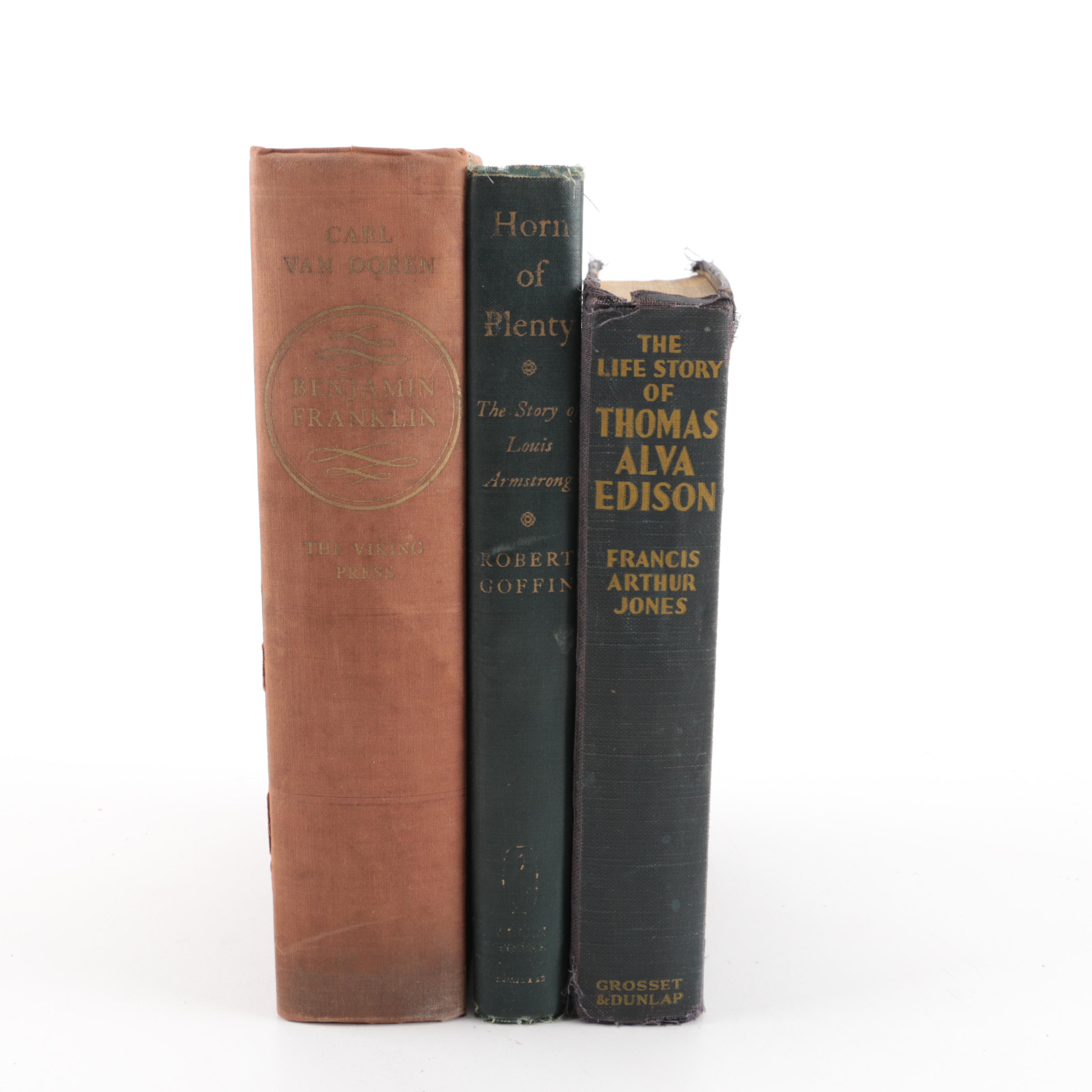 Biographies on Louis Armstrong, Thomas Edison, and Benjamin Franklin