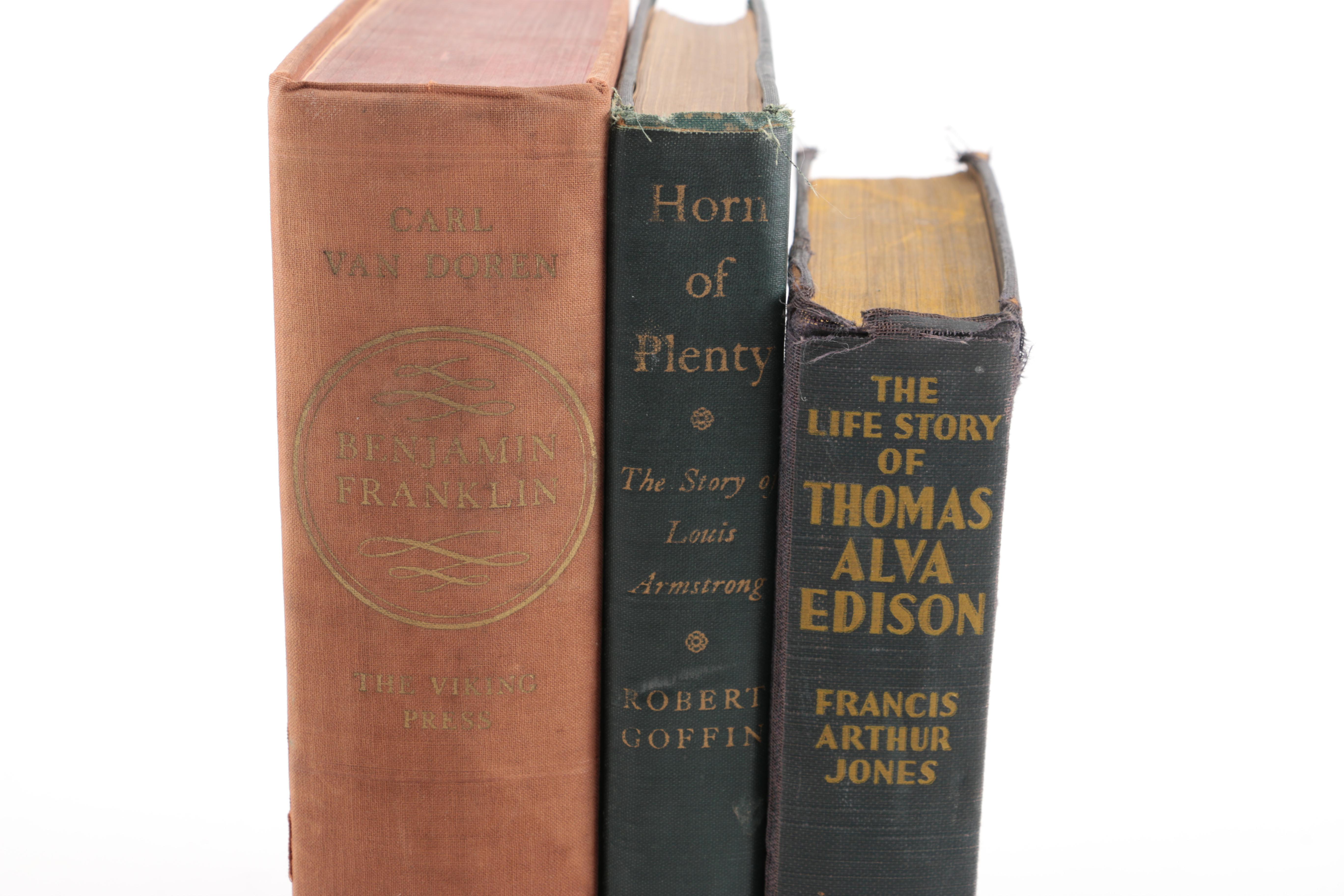 Biographies on Louis Armstrong, Thomas Edison, and Benjamin Franklin