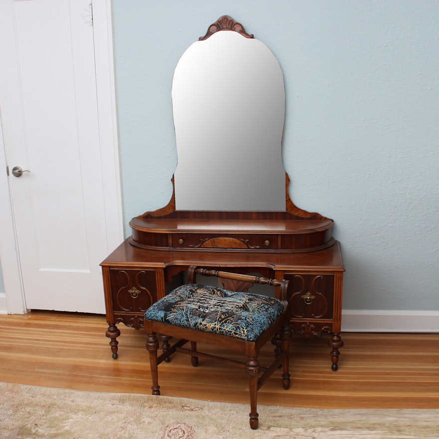 Vintage Art Deco Style Vanity With Mirror and Bench