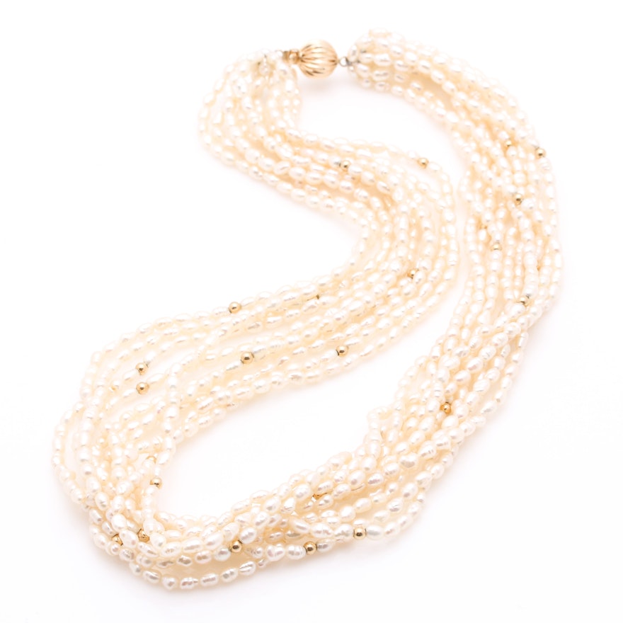 Multi-Strand Baroque Pearl Necklace with 14K Yellow Gold Closure