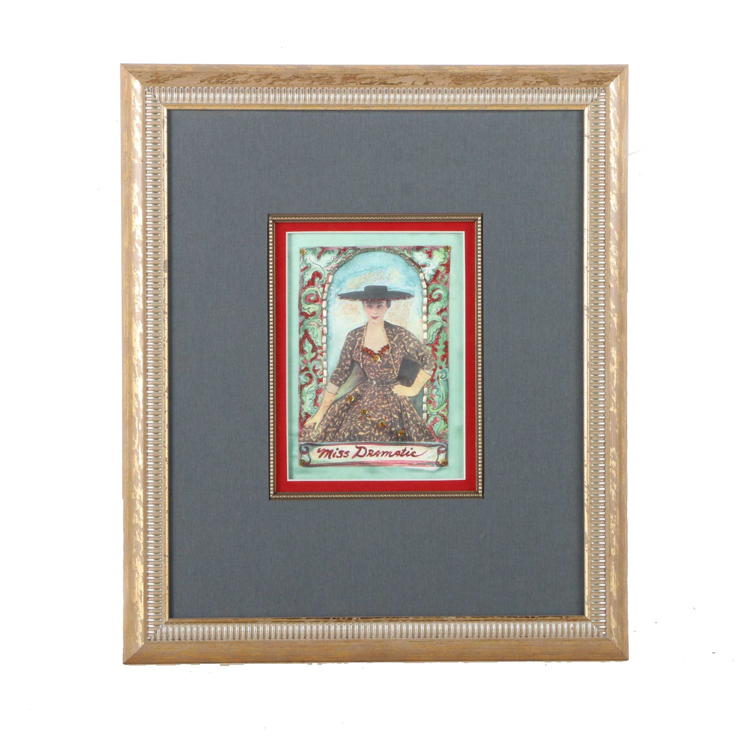 Mixed Media Collaged Portrait on Silk "Miss Dramatic"