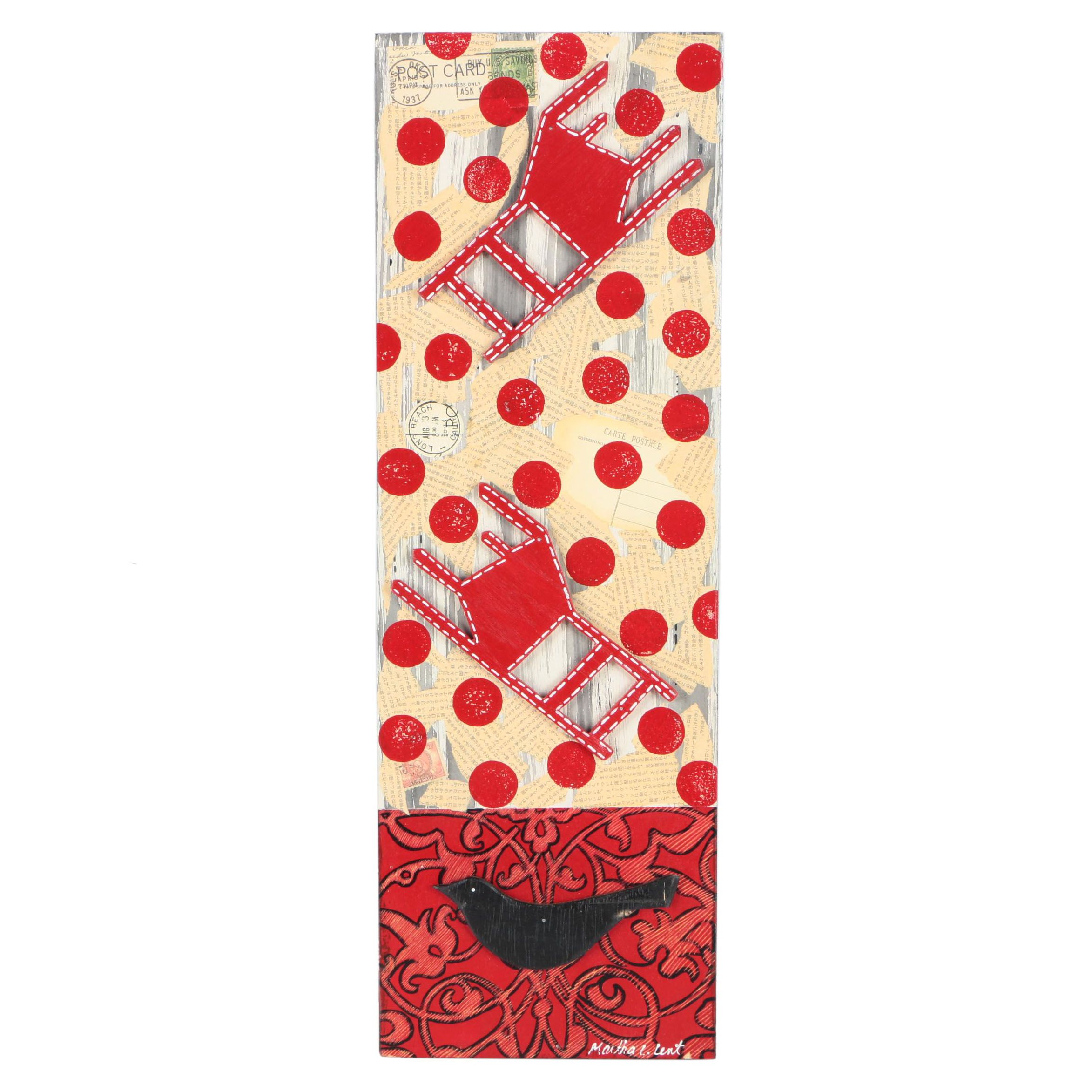 Martha Lent Mixed Media Collage on Wood of Red Chairs