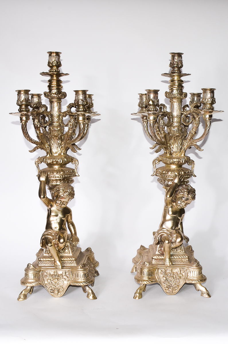 Pair of Silver Plated Candelabras with Cherubs
