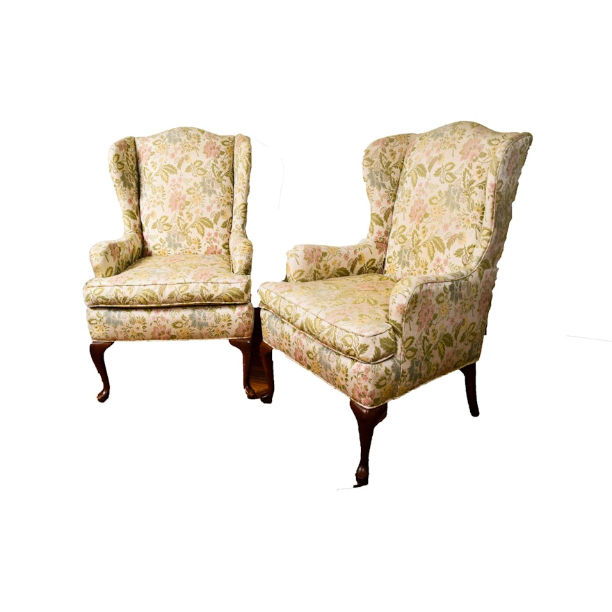 Pair of Floral Upholstered Wingback Chairs