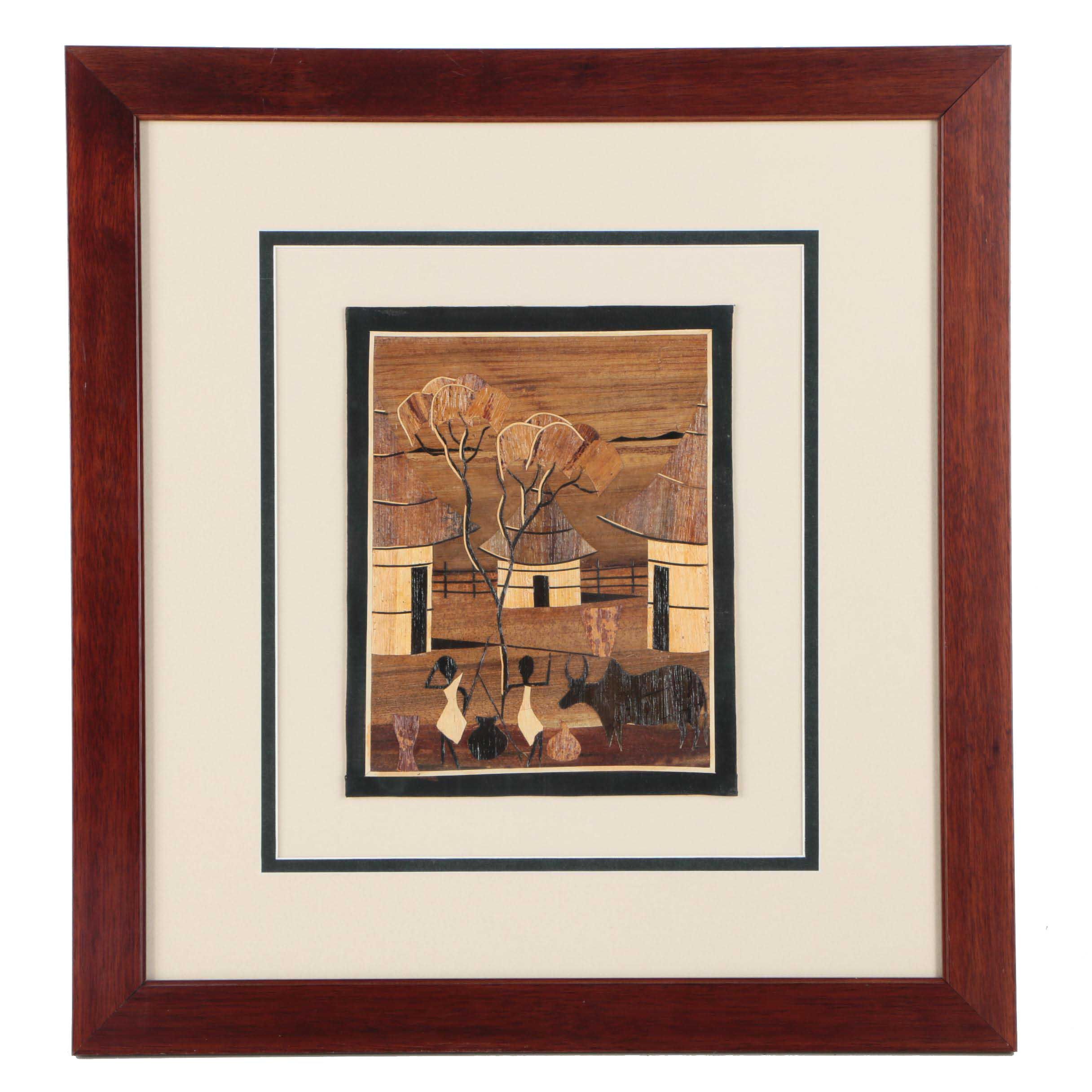 African Bark Collage of Village Scene