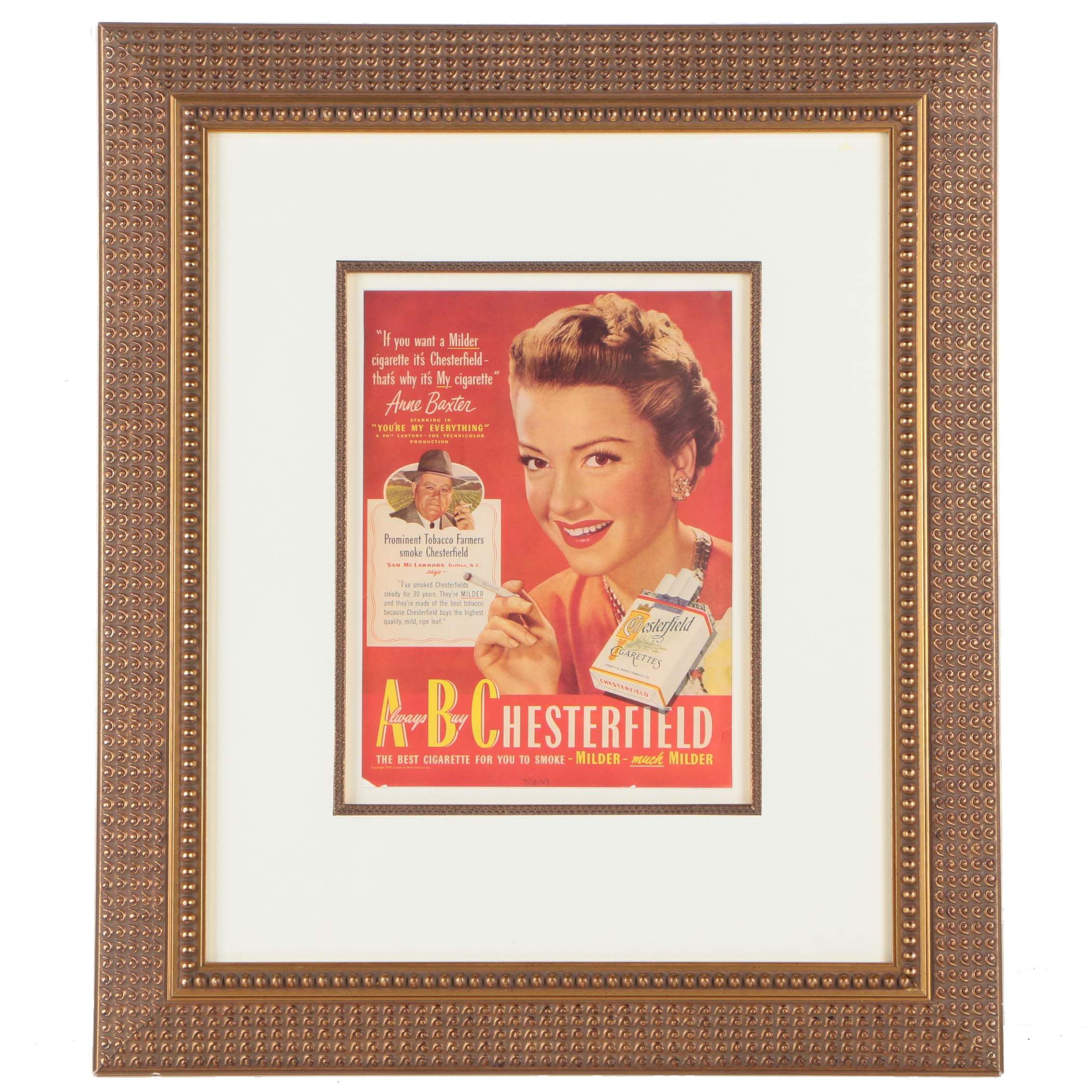 Vintage Chesterfield Cigarettes Advertisement Featuring Anne Baxter