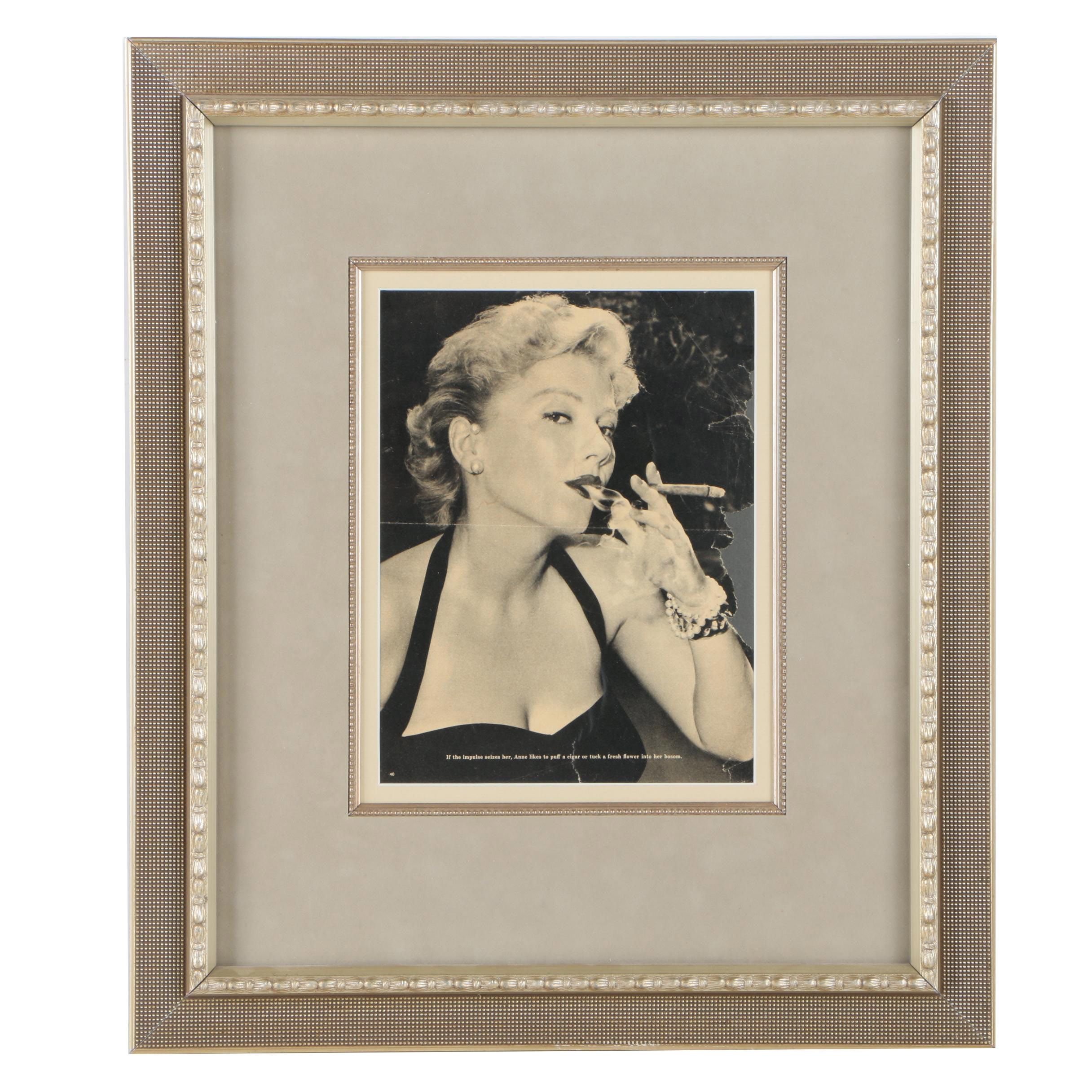 Framed Magazine Photograph of Anne Baxter With Cigar