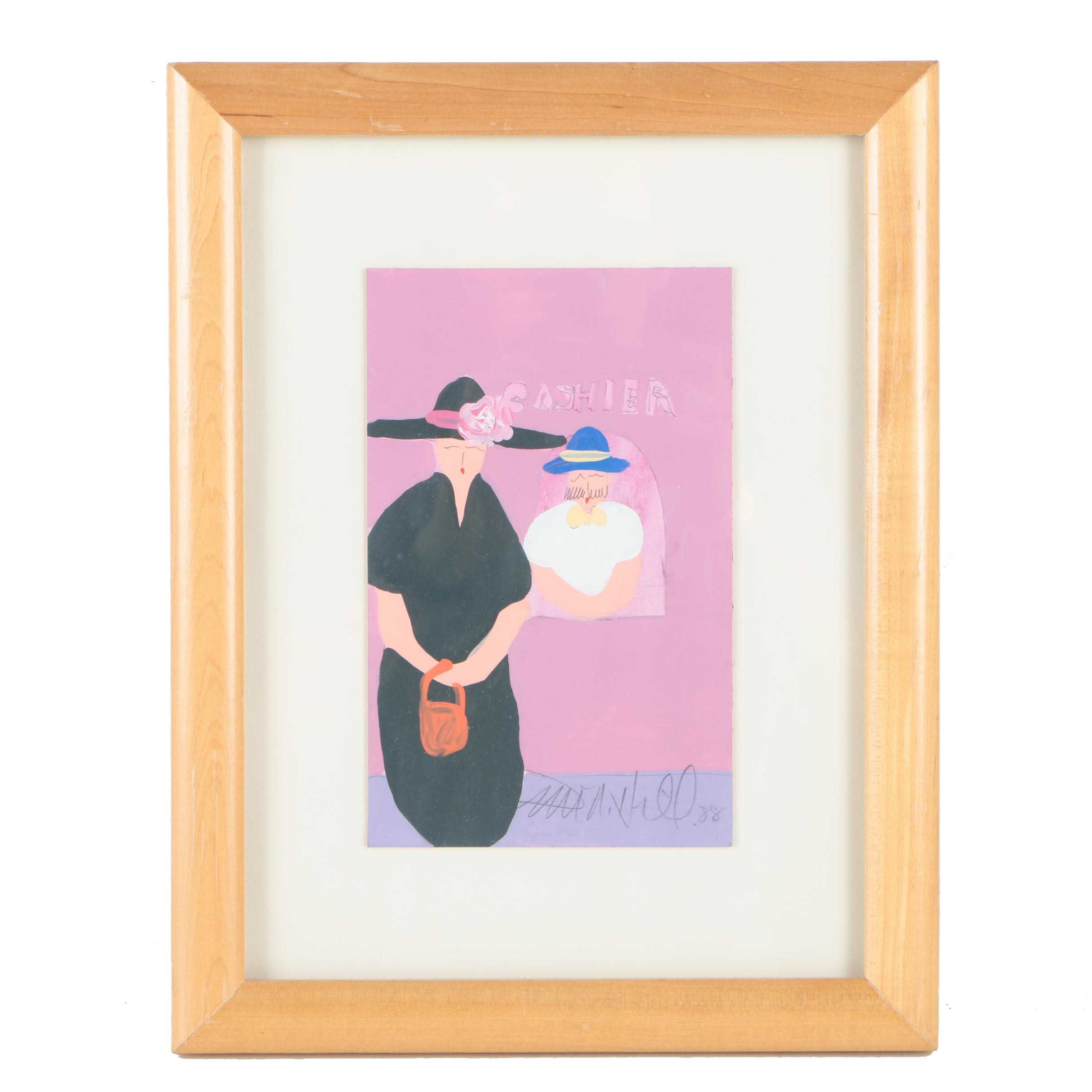 Jim N. Hill Painting Gouache on Paperboard "Cashier"