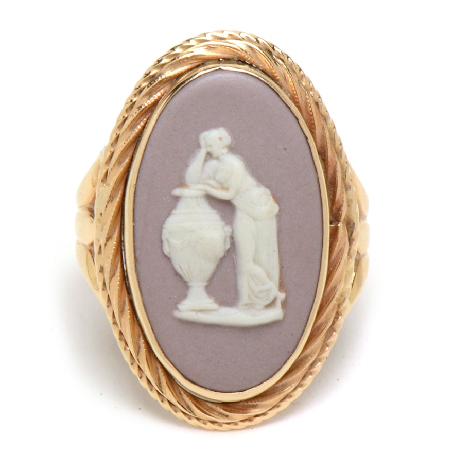 Vintage 14K Yellow Gold Wedgwood Pink Blush Jasperware Cameo Ring