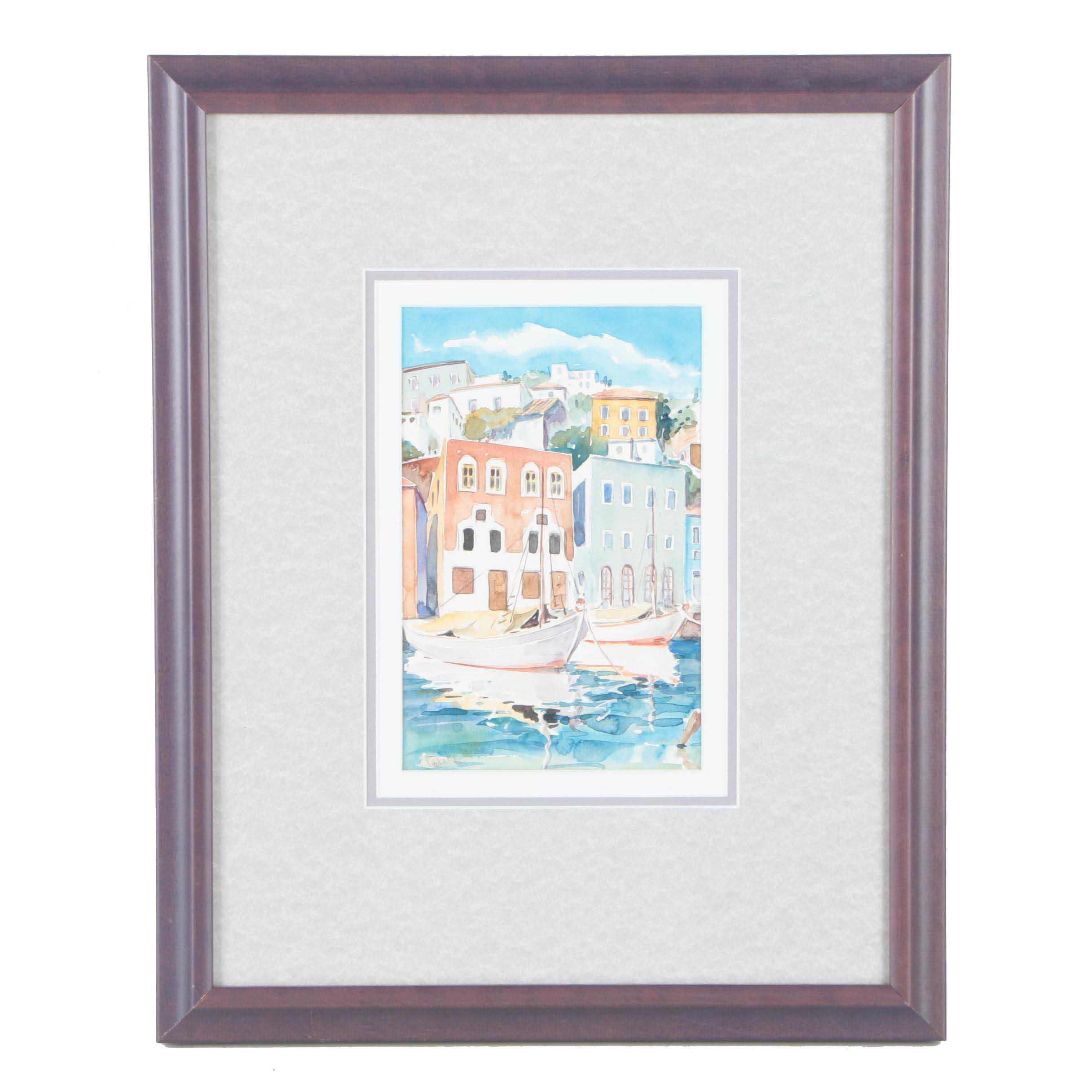 Watercolor Painting of Boats Before a Hillside Town