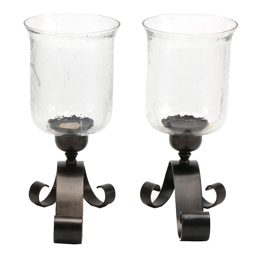 Pair of Glass Sconces on Curled Iron Stands