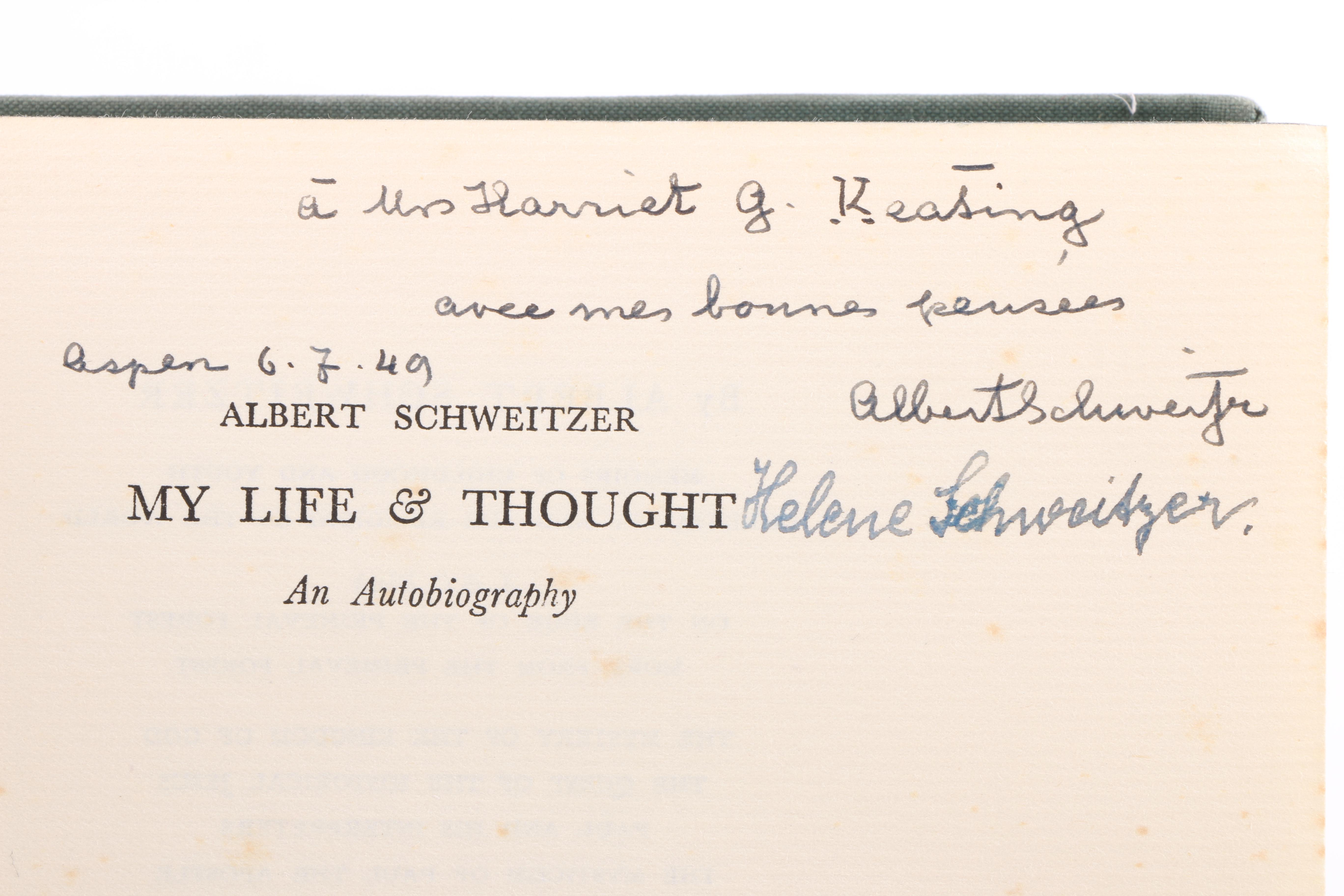 Albert Schweitzer Signed Copy "My Life & Thought: An Autobiography"
