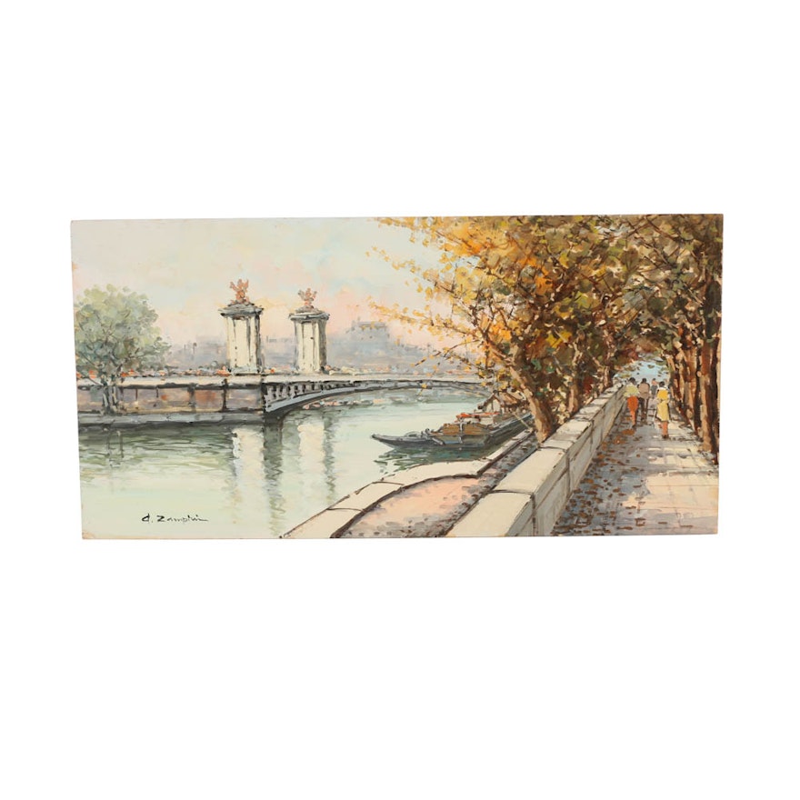 Oil Painting on Board of River Seine Scene