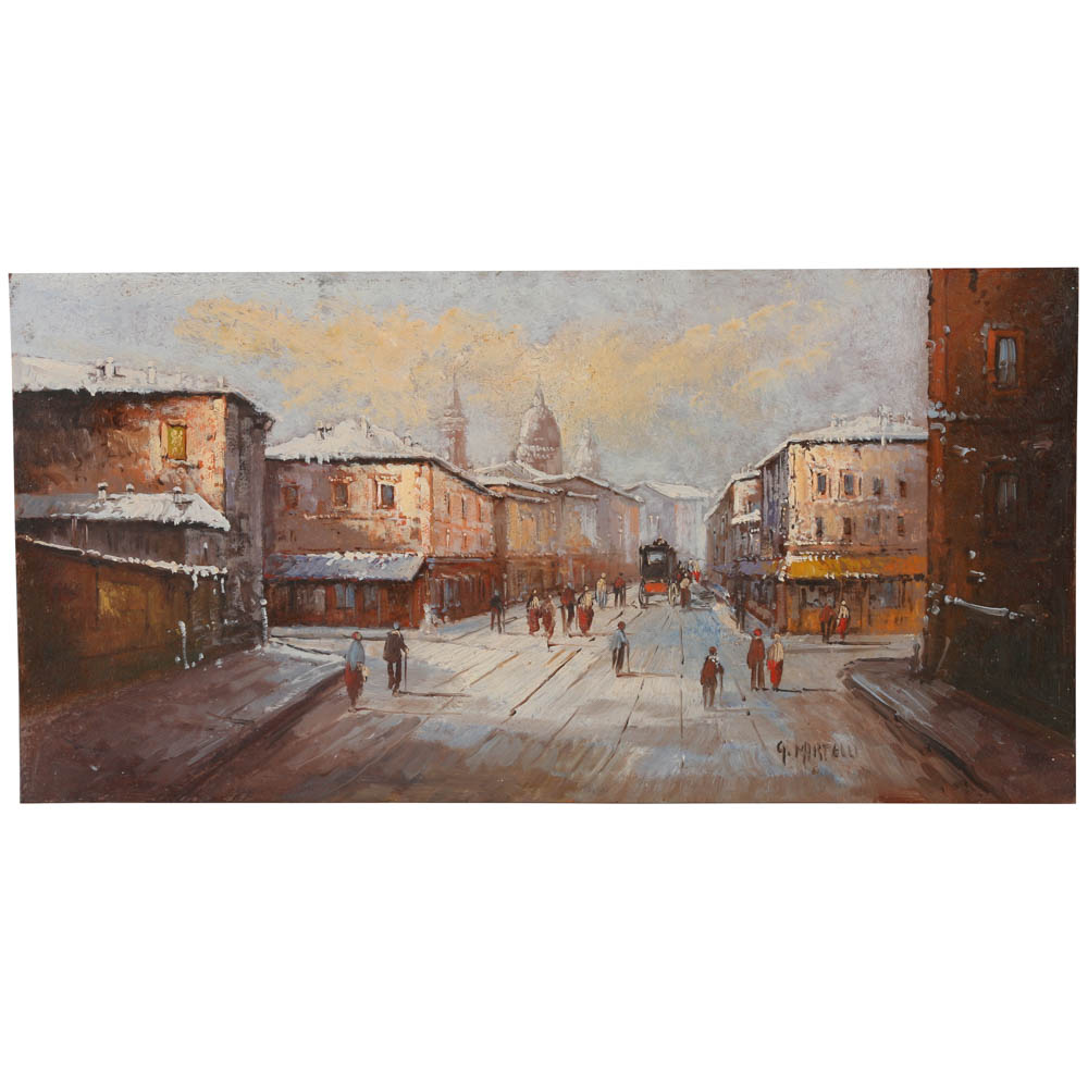 G. Martelli Oil Painting on Copper Plate of Parisian Street Scene